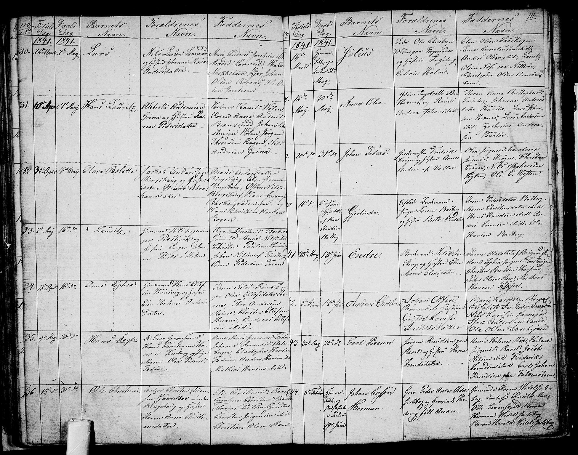 Sem kirkebøker, SAKO/A-5/G/Ga/L0002: Parish register (copy) no. I 2, 1826-1844, p. 110-111