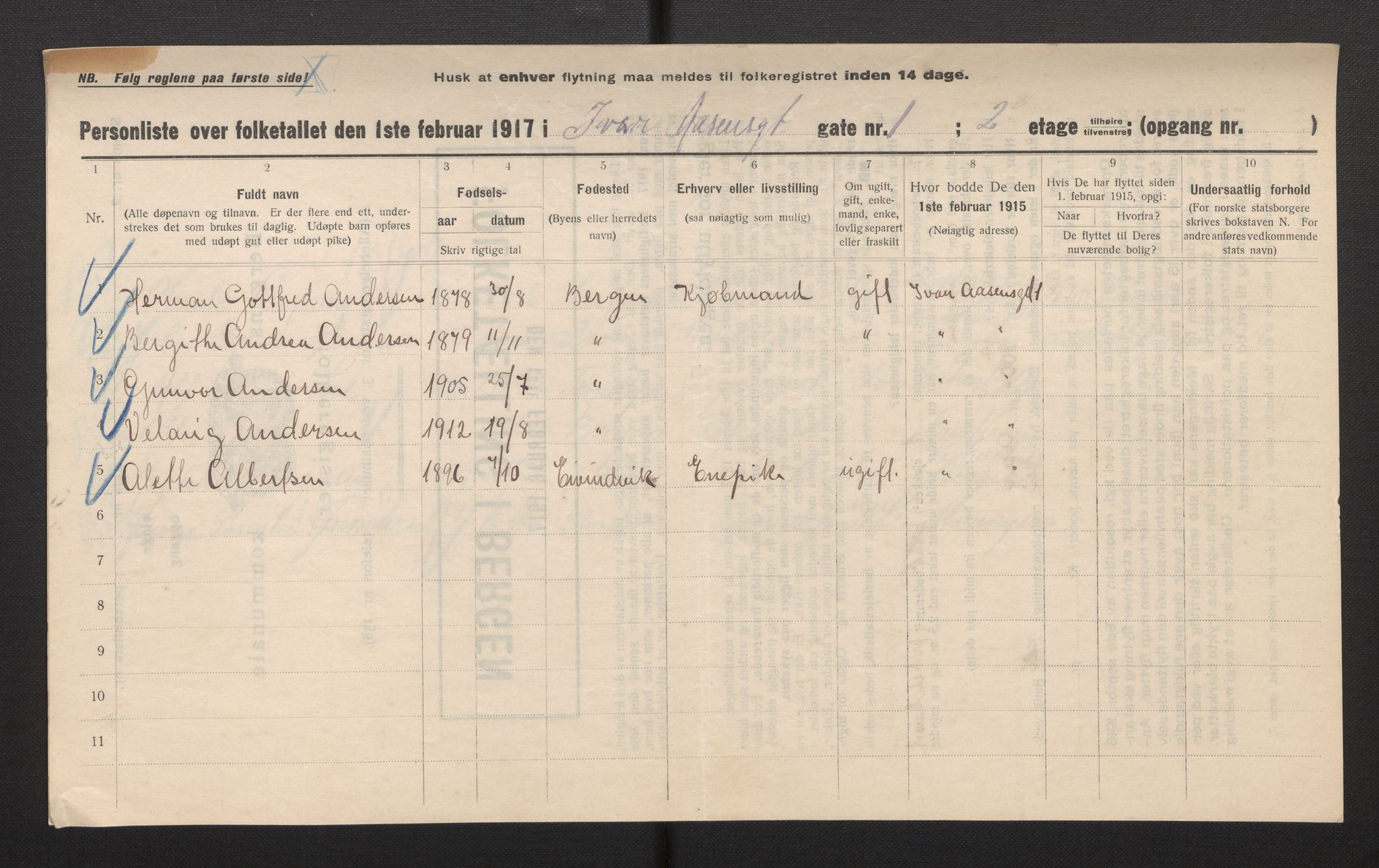 SAB, Municipal Census 1917 for Bergen, 1917, p. 15036