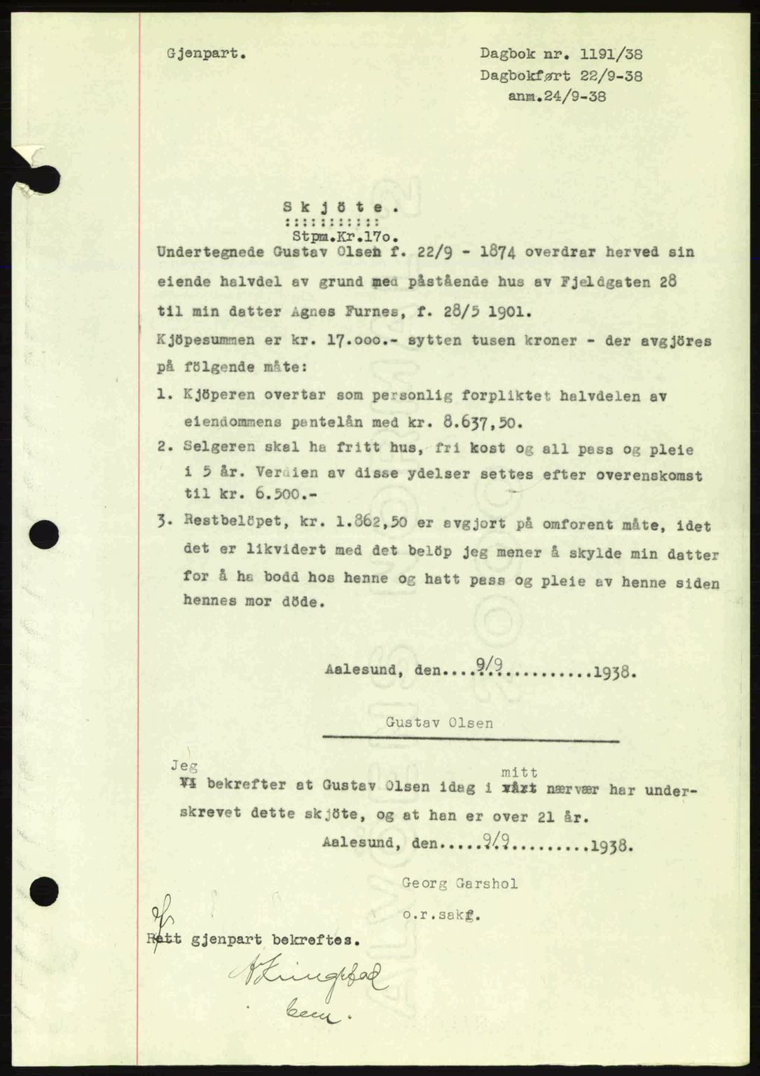 Ålesund byfogd, AV/SAT-A-4384: Mortgage book no. 34 II, 1938-1940, Diary no: : 1191/1938