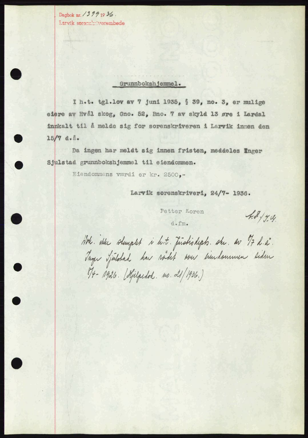 Larvik sorenskriveri, SAKO/A-83/G/Ga/Gab/L0067: Mortgage book no. A-1, 1936-1937, Diary no: : 1399/1936