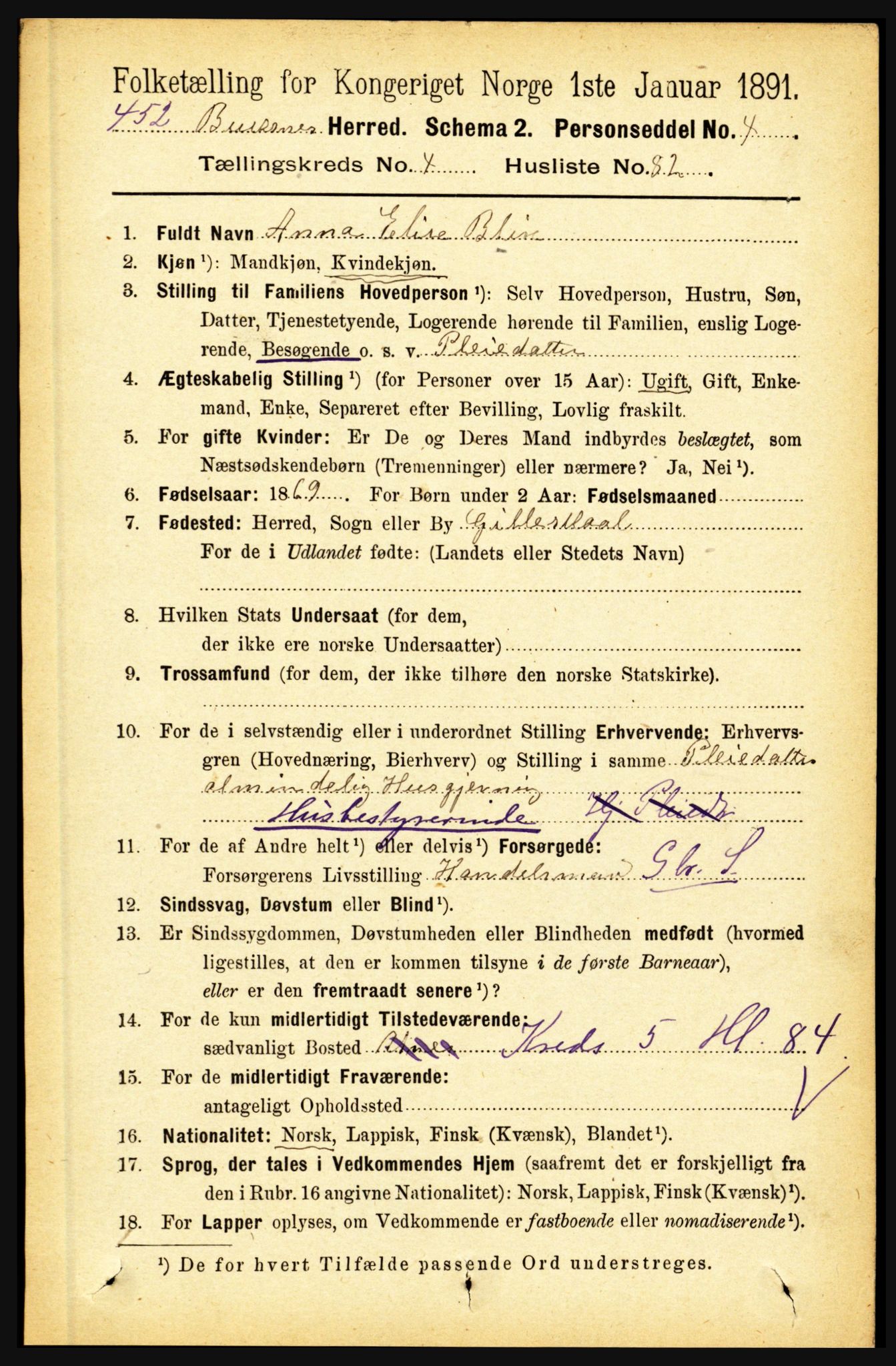 RA, 1891 census for 1860 Buksnes, 1891, p. 3565