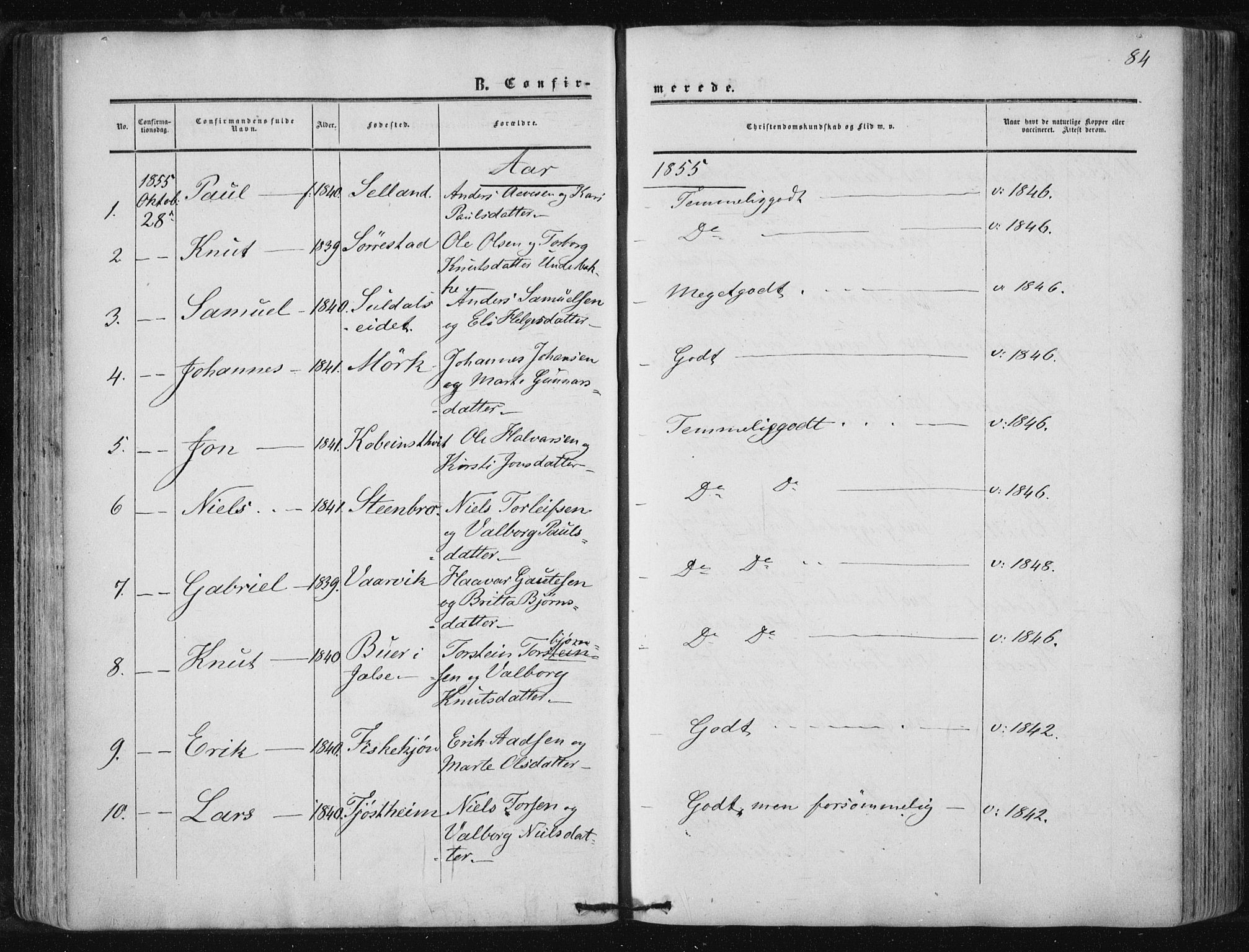 Suldal sokneprestkontor, AV/SAST-A-101845/01/IV/L0009: Parish register (official) no. A 9, 1854-1868, p. 84