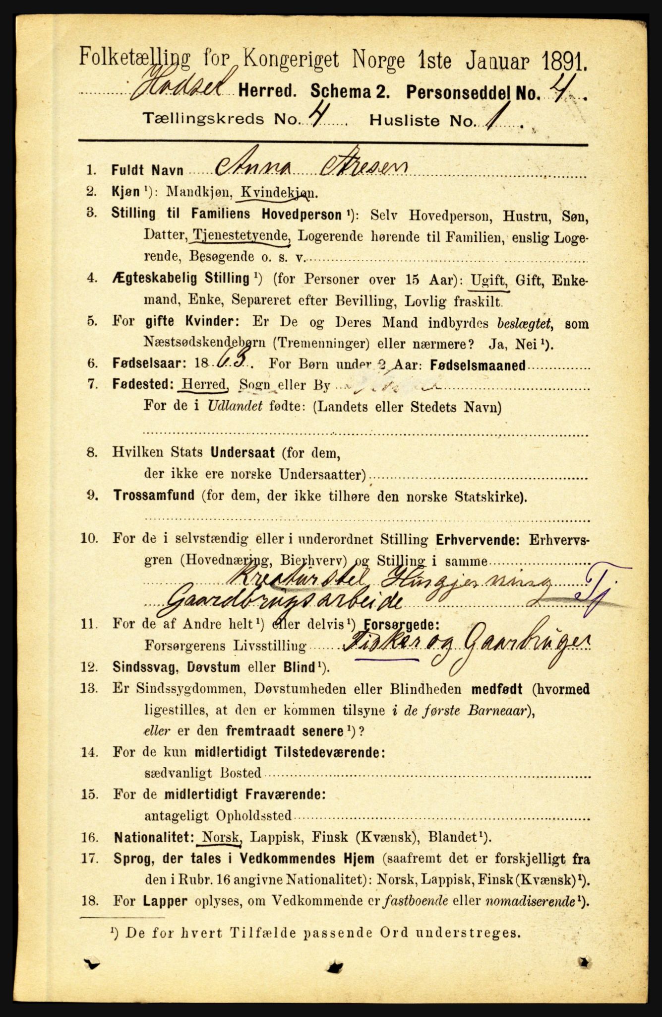 RA, 1891 census for 1866 Hadsel, 1891, p. 1712