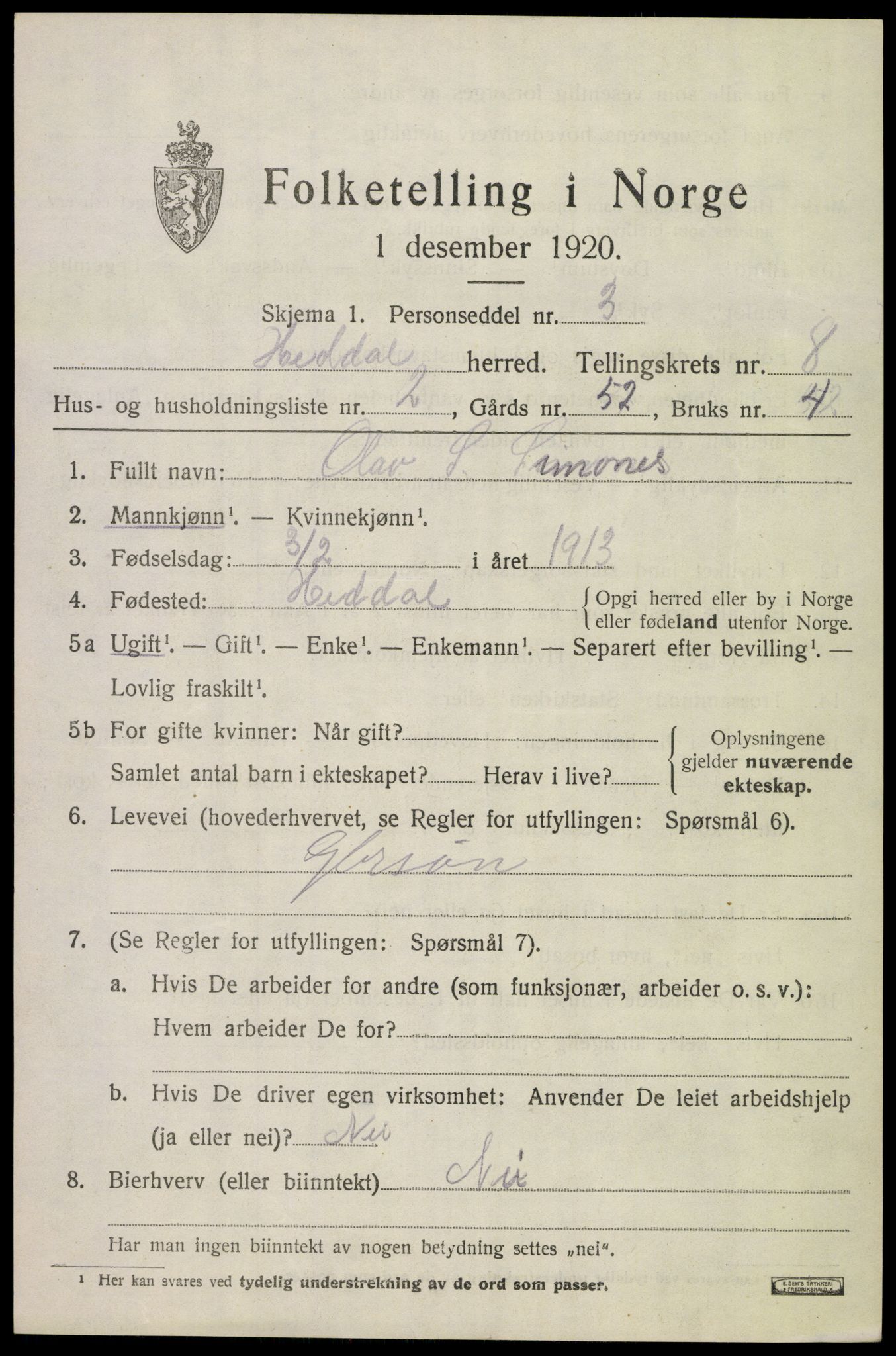 SAKO, 1920 census for Heddal, 1920, p. 6014