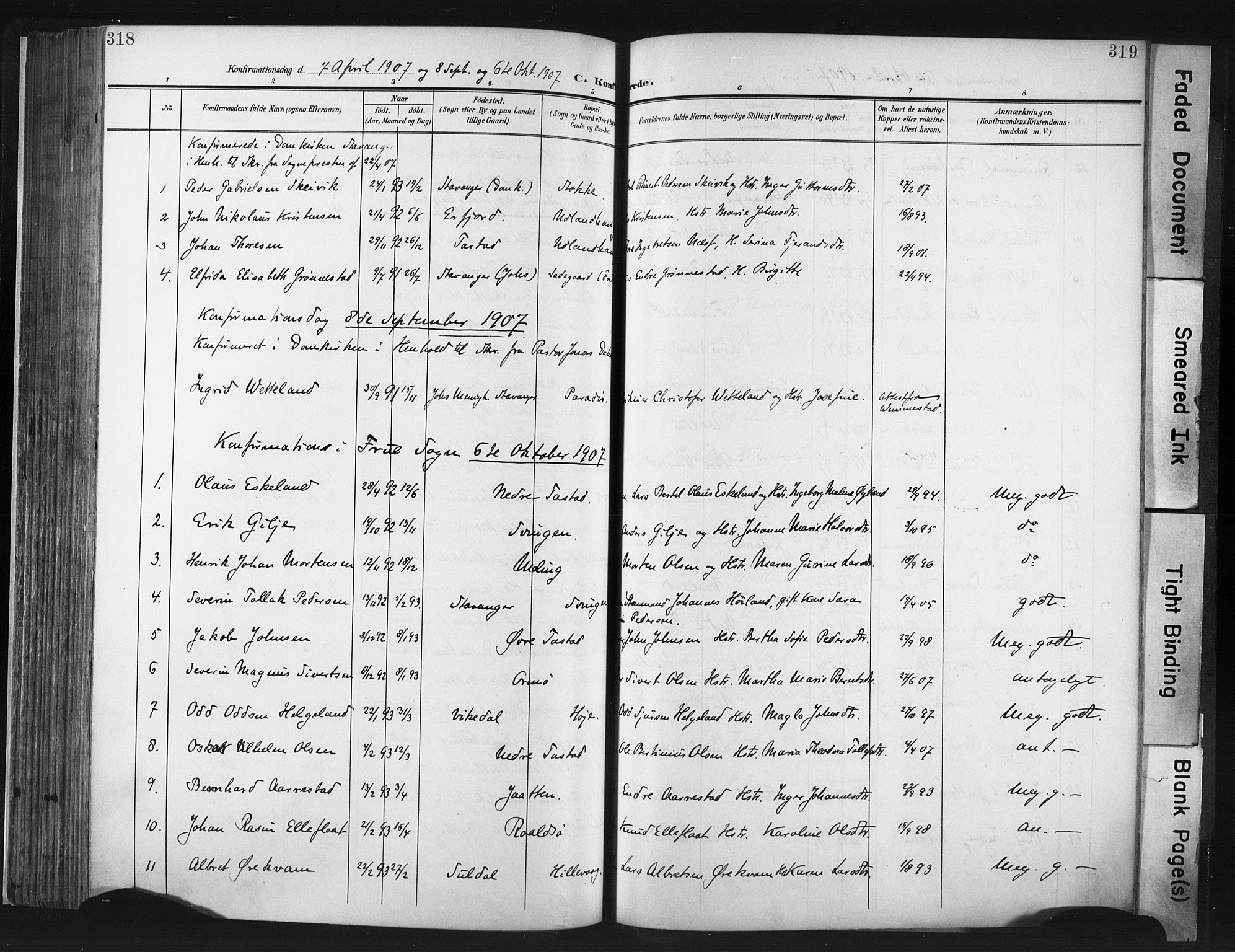 Hetland sokneprestkontor, AV/SAST-A-101826/30/30BA/L0013: Parish register (official) no. A 13, 1904-1918, p. 318-319