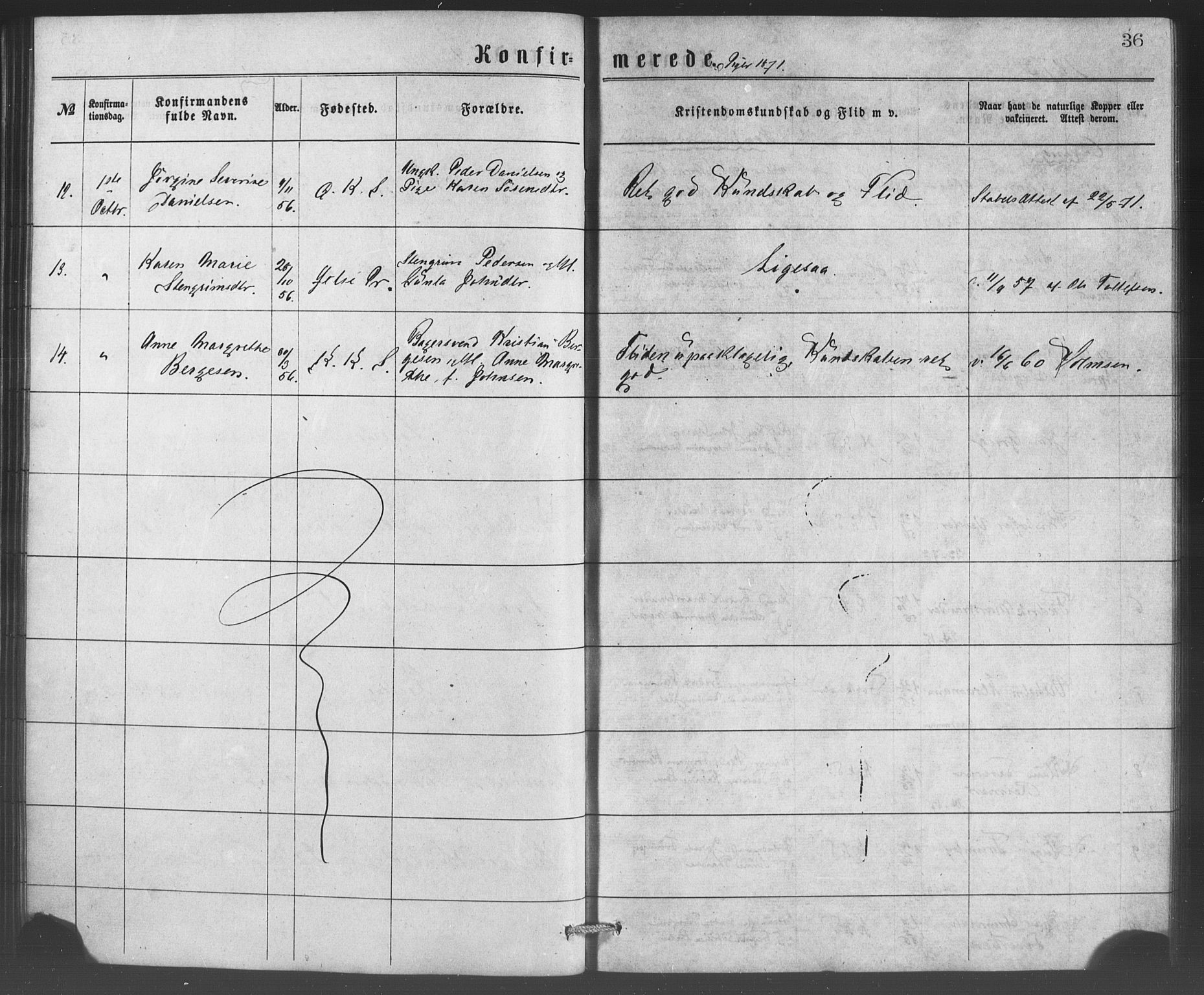 Korskirken sokneprestembete, SAB/A-76101/H/Haa/L0070: Curate's parish register no. A 5, 1869-1885, p. 36