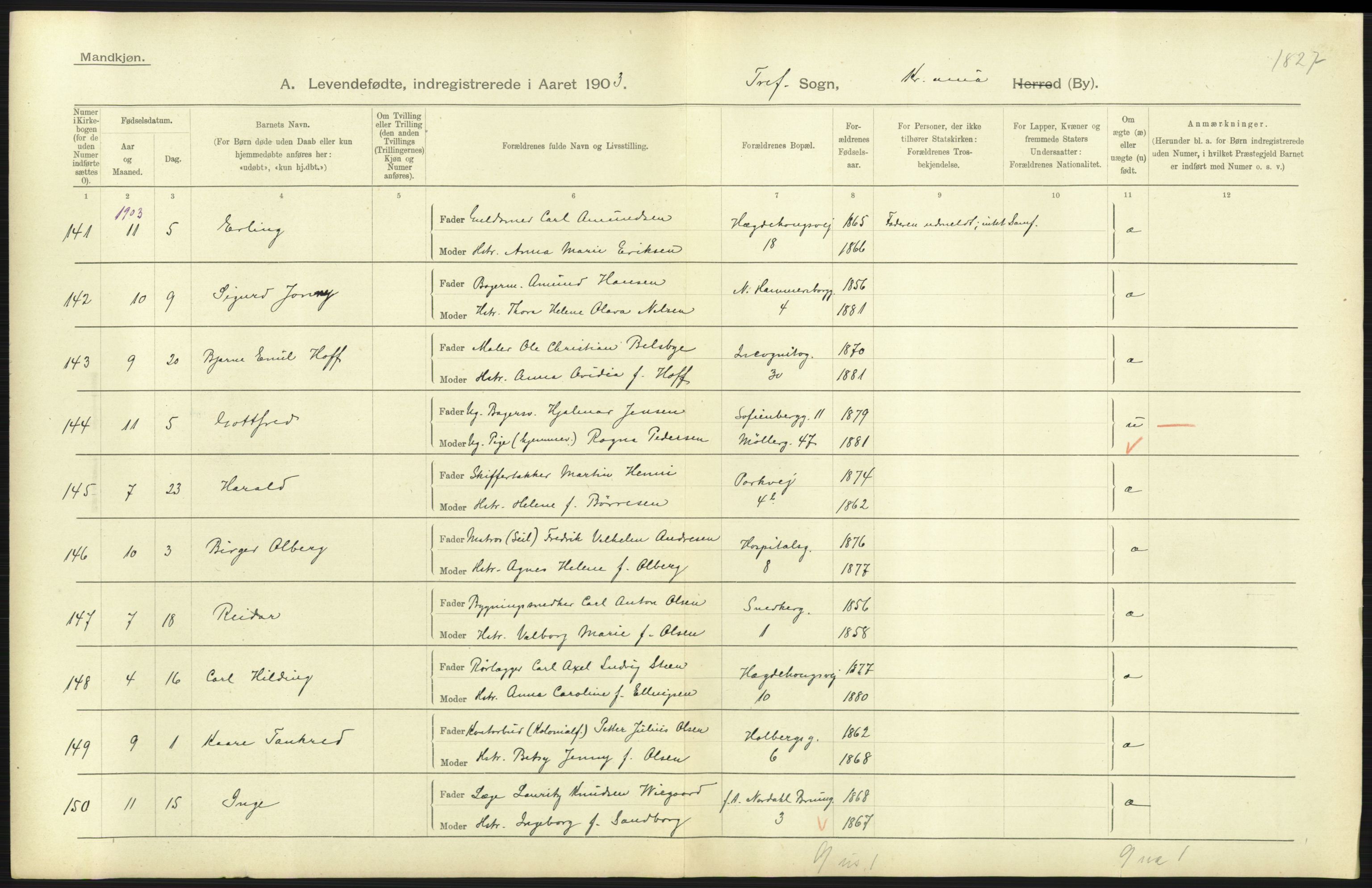 Statistisk sentralbyrå, Sosiodemografiske emner, Befolkning, AV/RA-S-2228/D/Df/Dfa/Dfaa/L0003: Kristiania: Fødte, 1903, p. 249