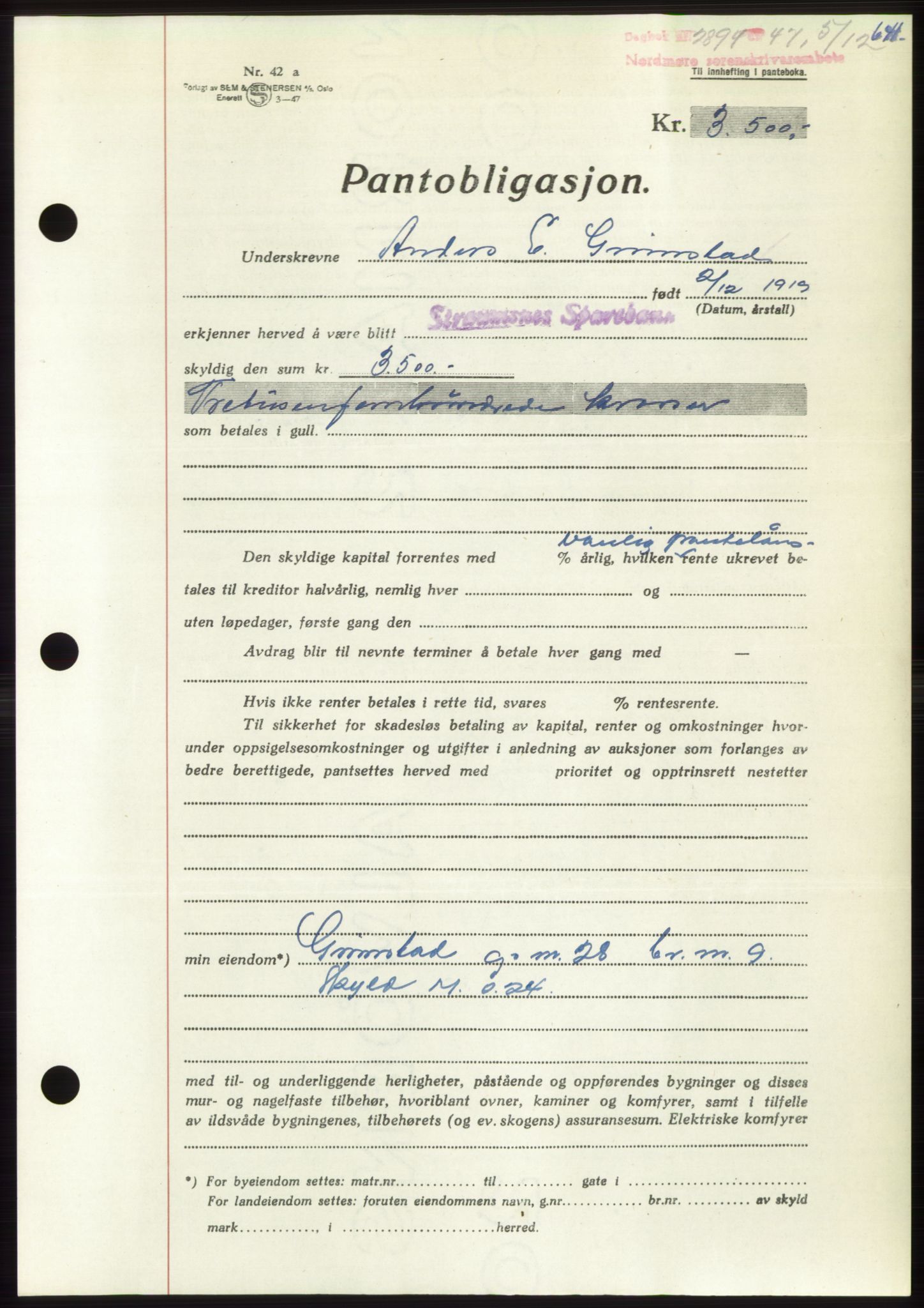 Nordmøre sorenskriveri, AV/SAT-A-4132/1/2/2Ca: Mortgage book no. B97, 1947-1948, Diary no: : 2894/1947