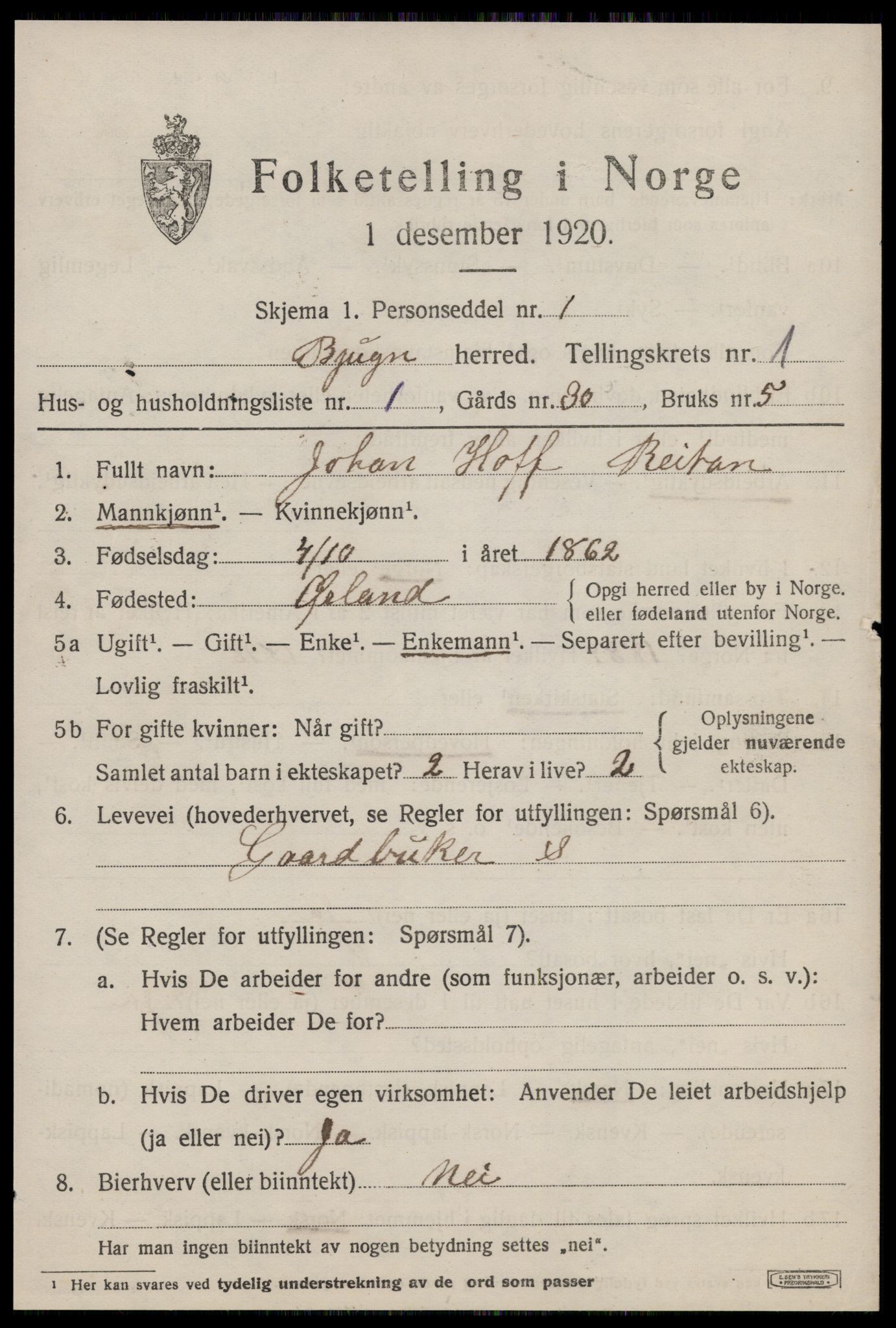 SAT, 1920 census for Bjugn, 1920, p. 491