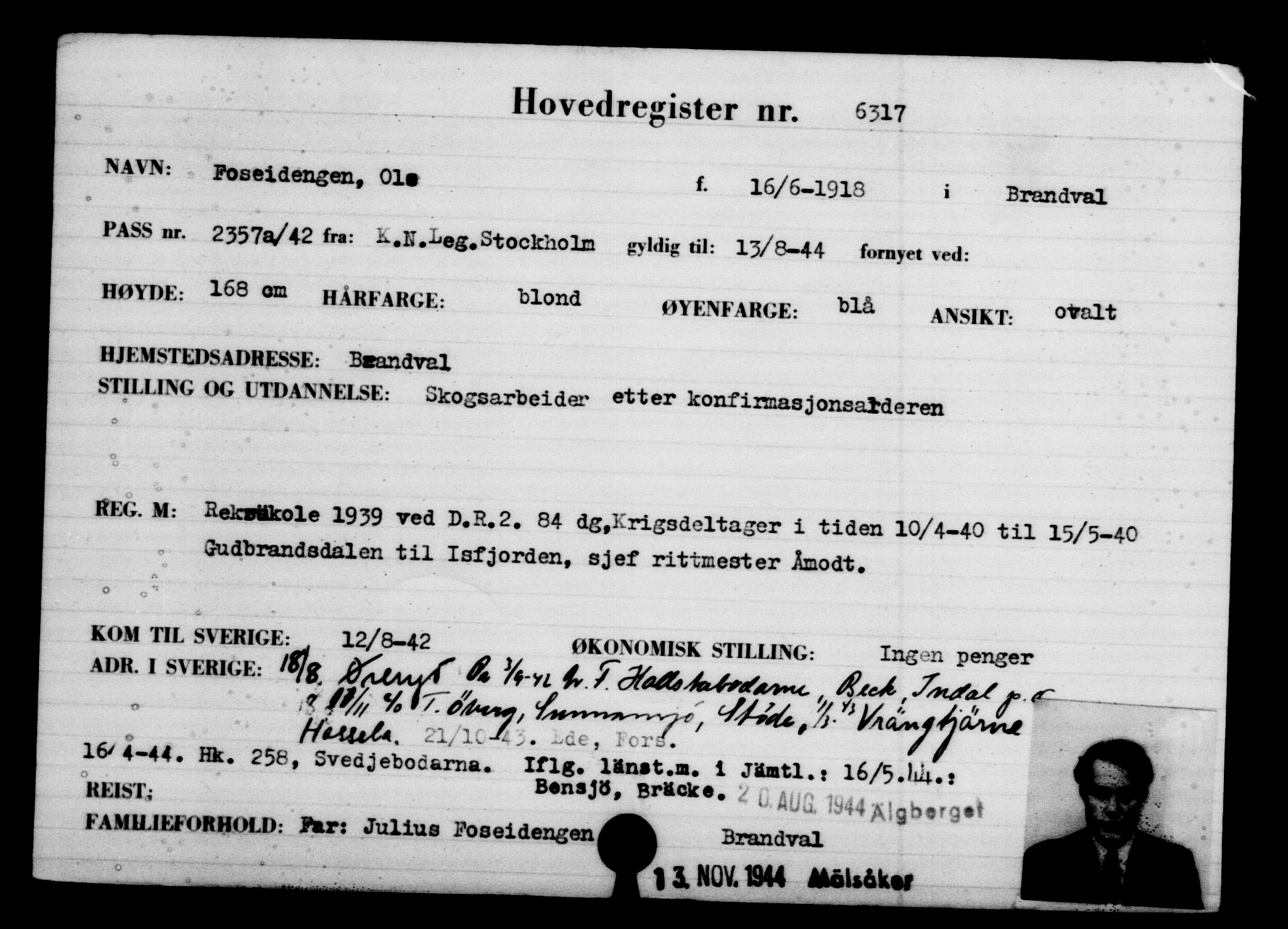 Den Kgl. Norske Legasjons Flyktningskontor, RA/S-6753/V/Va/L0004: Kjesäterkartoteket.  Flyktningenr. 3496-6610, 1940-1945, p. 3329