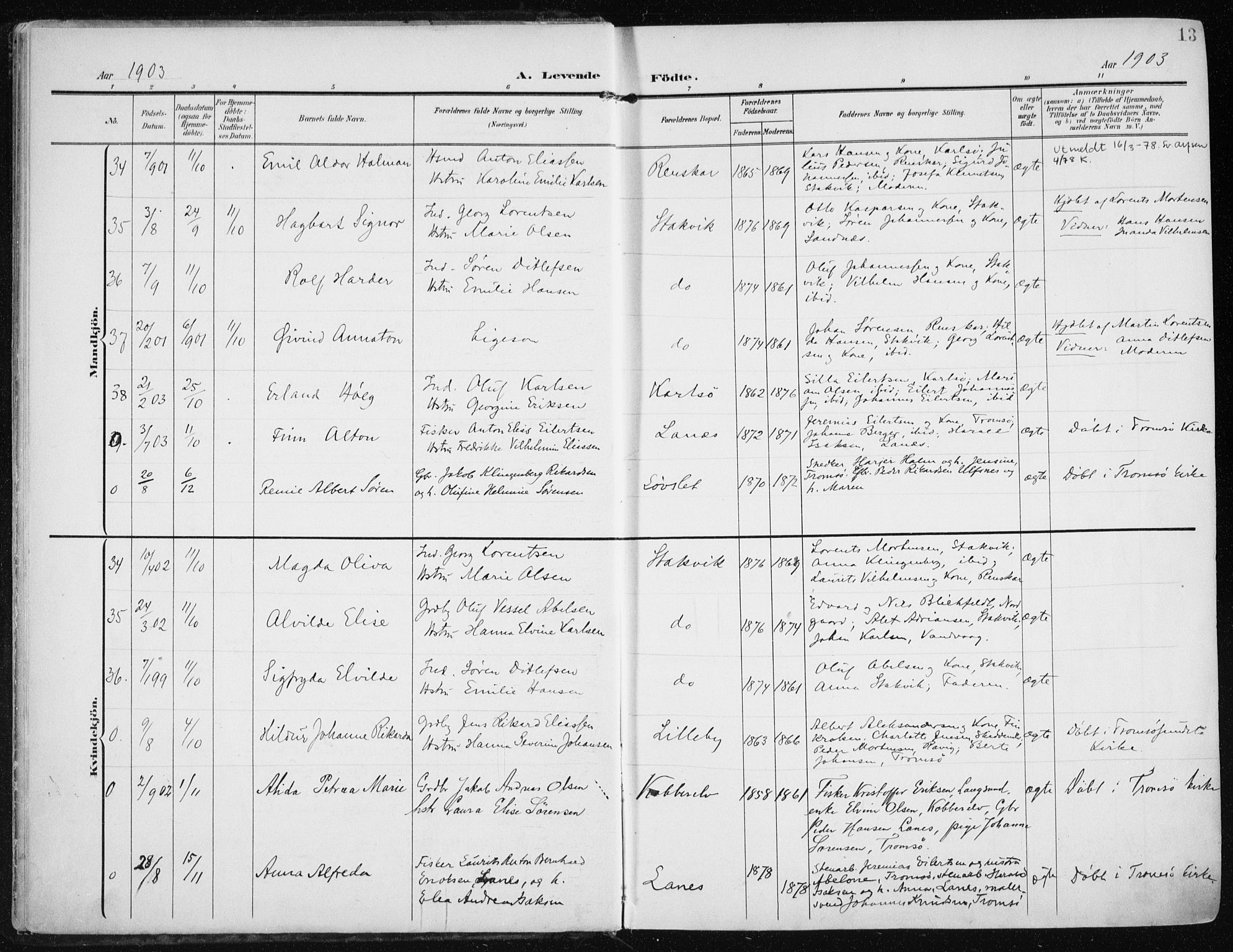 Karlsøy sokneprestembete, SATØ/S-1299/H/Ha/Haa/L0014kirke: Parish register (official) no. 14, 1903-1917, p. 13
