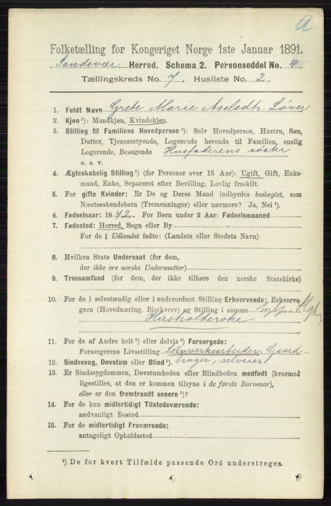 RA, 1891 census for 0629 Sandsvær, 1891, p. 3991