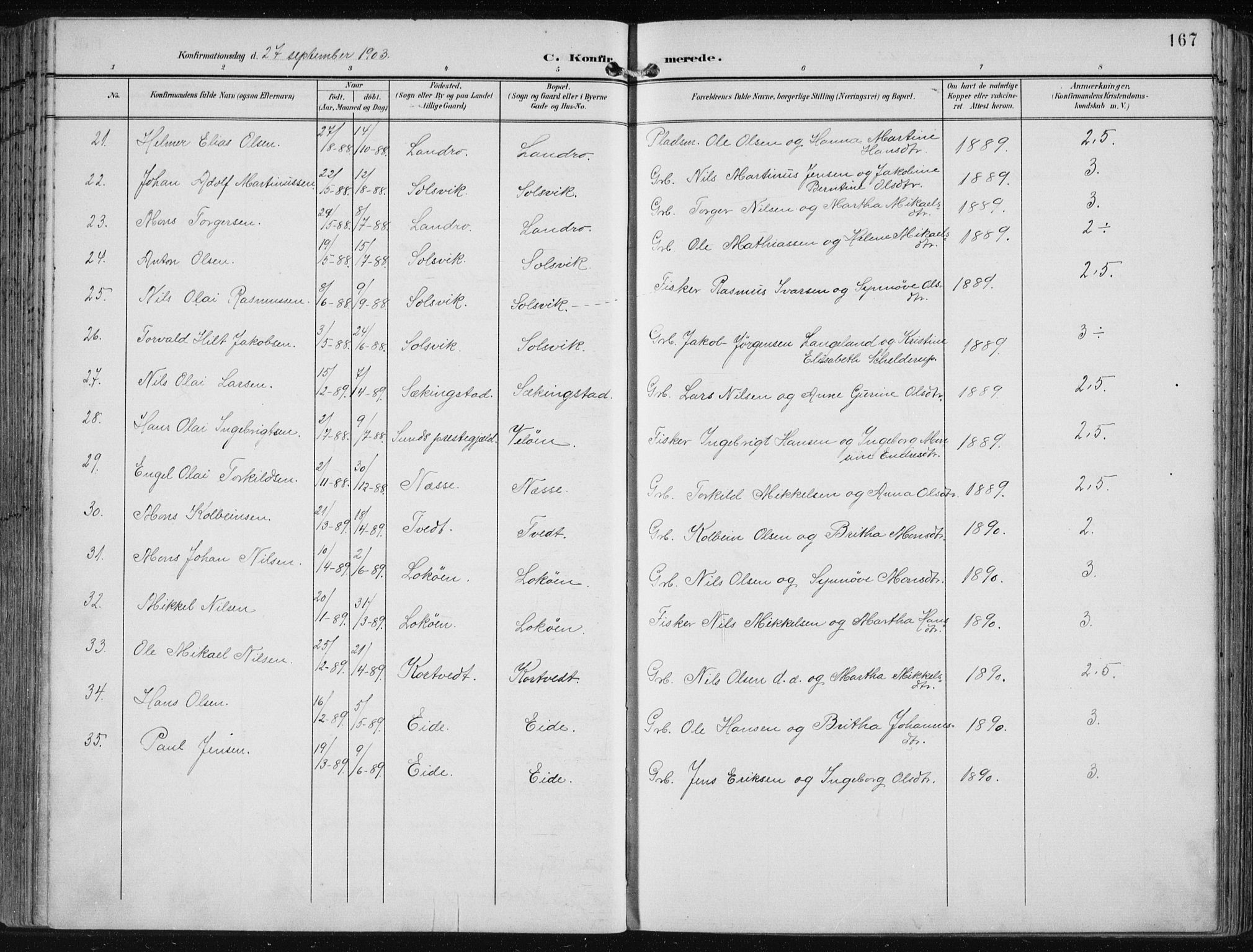 Fjell sokneprestembete, SAB/A-75301/H/Haa: Parish register (official) no. A  9, 1899-1910, p. 167
