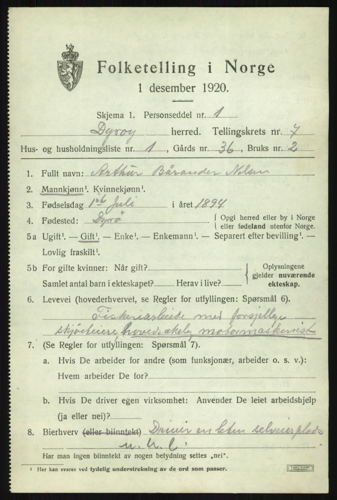 SATØ, 1920 census for Dyrøy, 1920, p. 3619