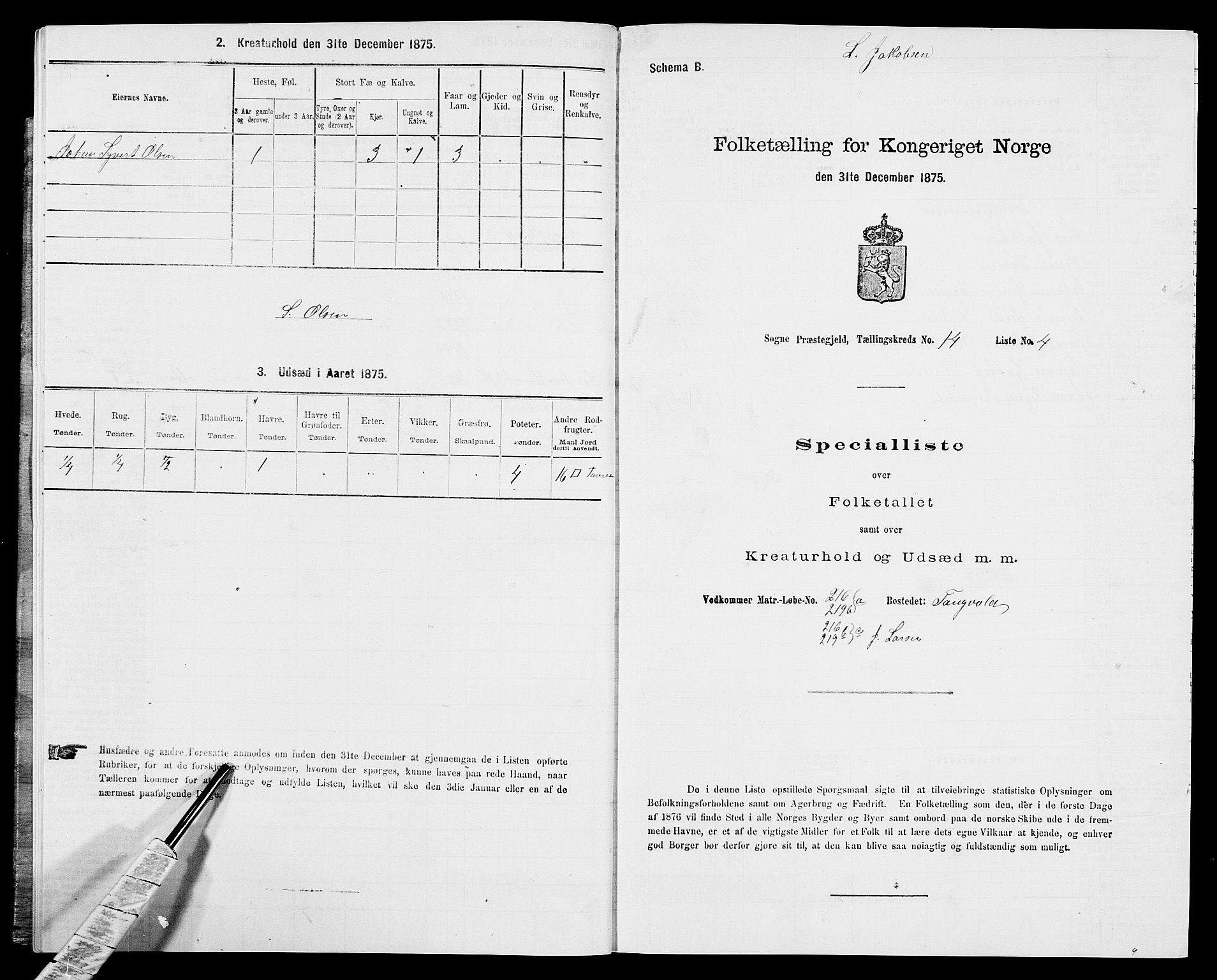 SAK, 1875 census for 1018P Søgne, 1875, p. 1007