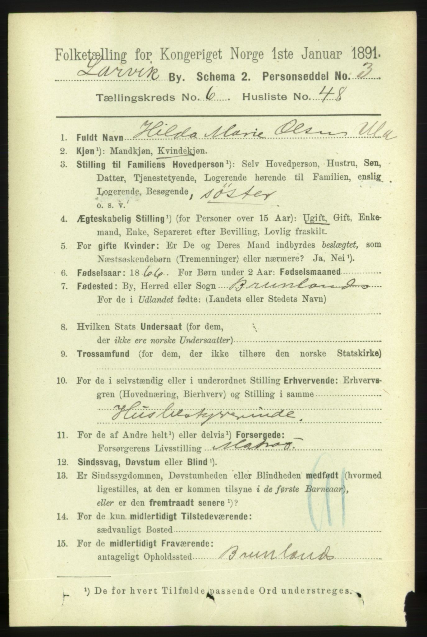 RA, 1891 census for 0707 Larvik, 1891, p. 7150