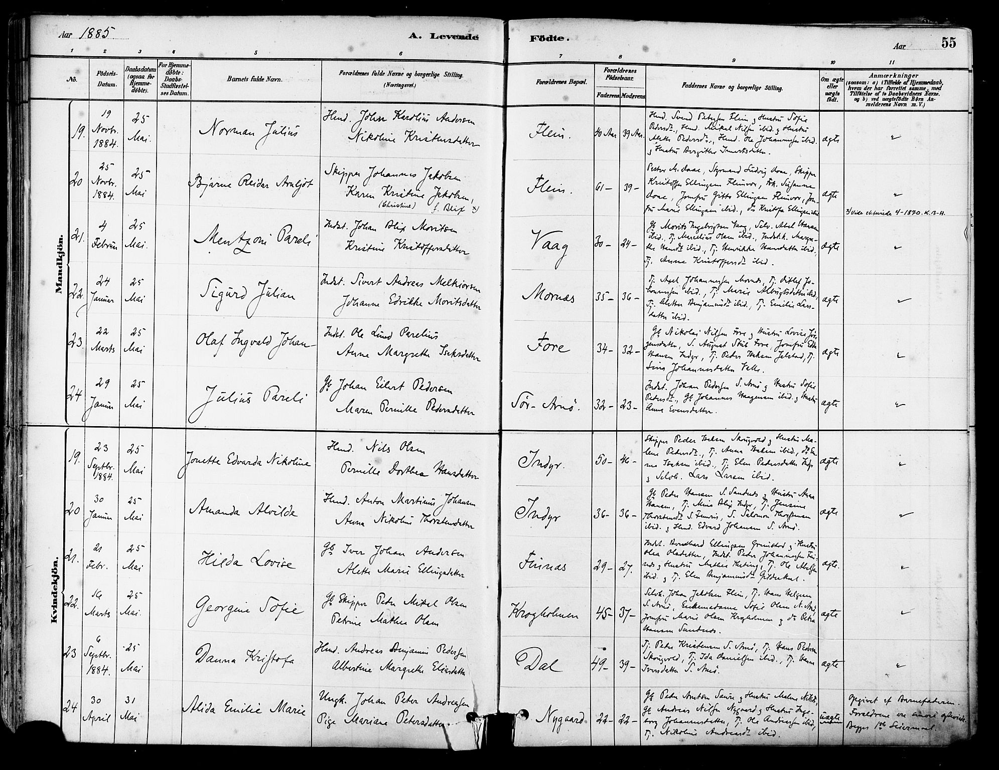 Ministerialprotokoller, klokkerbøker og fødselsregistre - Nordland, AV/SAT-A-1459/805/L0099: Parish register (official) no. 805A06, 1880-1891, p. 55