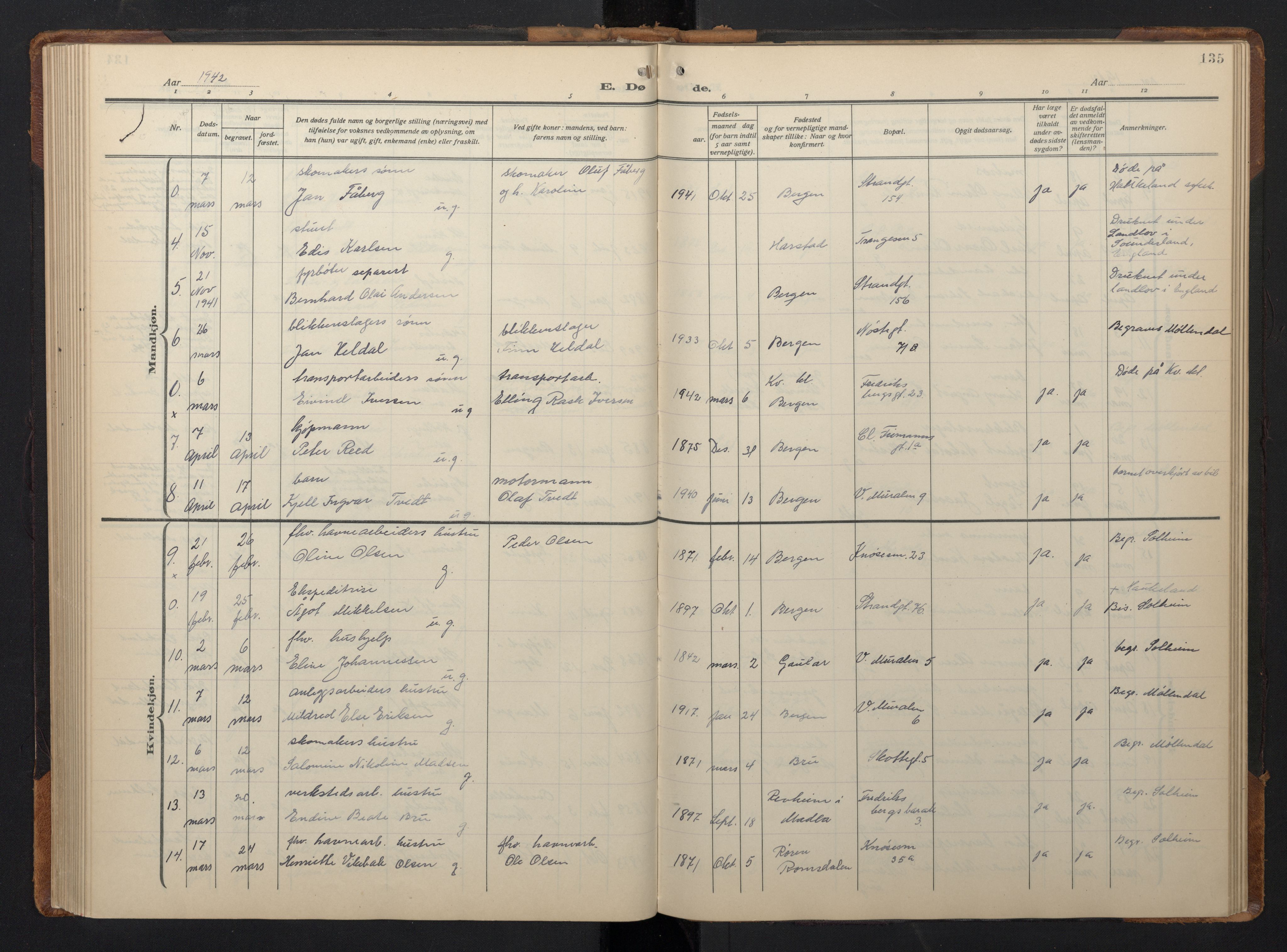 Nykirken Sokneprestembete, SAB/A-77101/H/Hab: Parish register (copy) no. E 3, 1924-1947, p. 134b-135a