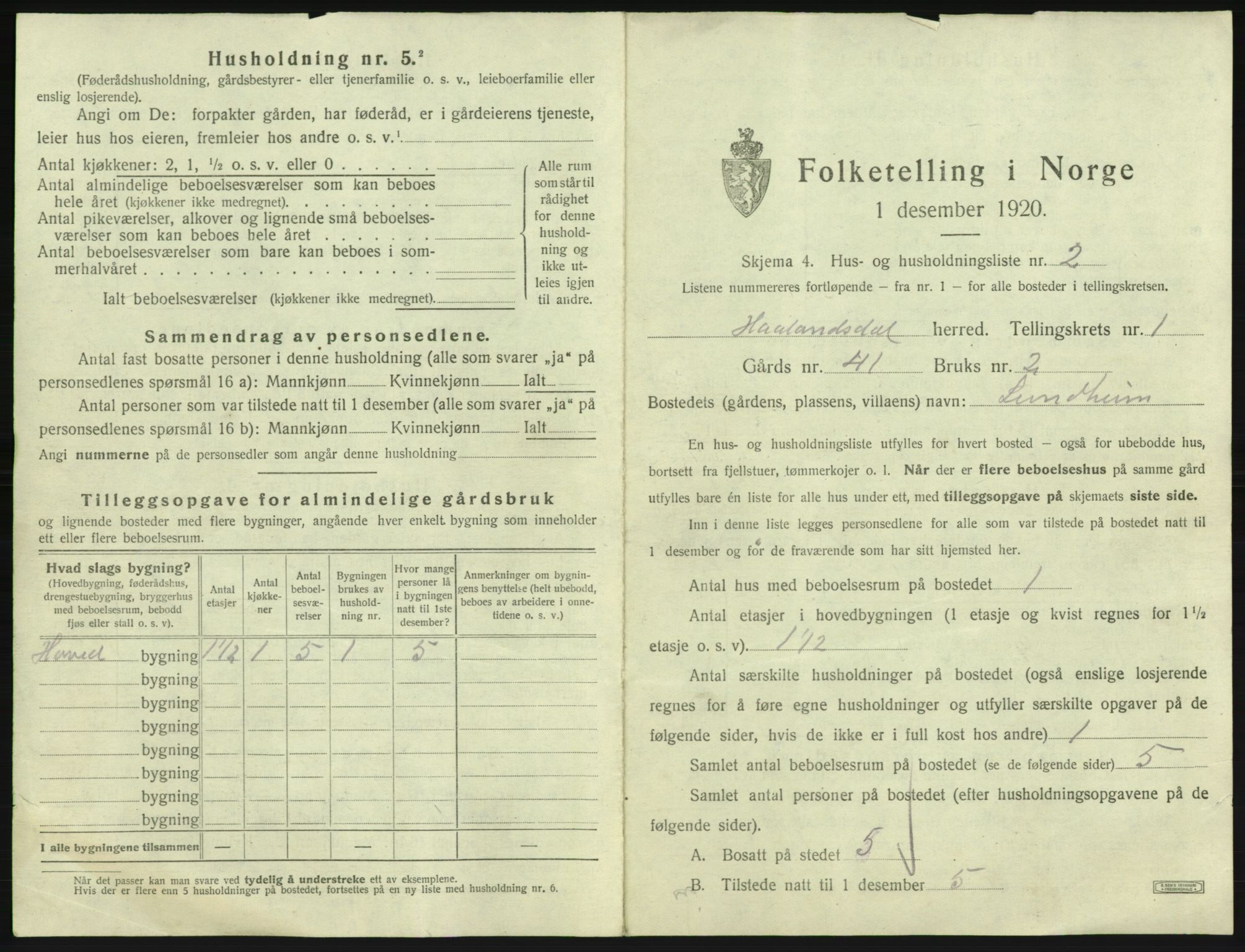 SAB, 1920 census for Hålandsdal, 1920, p. 27