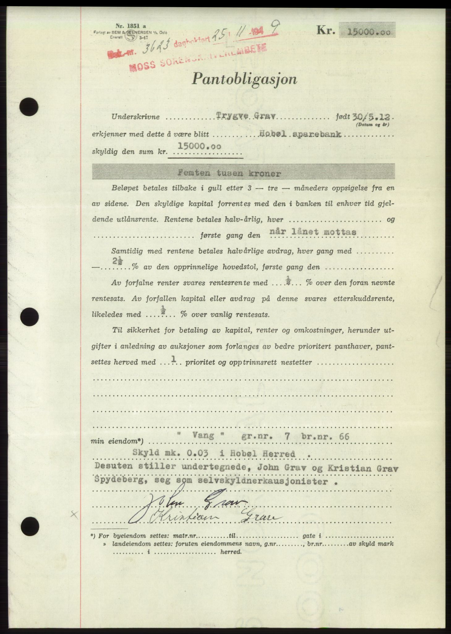 Moss sorenskriveri, SAO/A-10168: Mortgage book no. B23, 1949-1950, Diary no: : 3623/1949