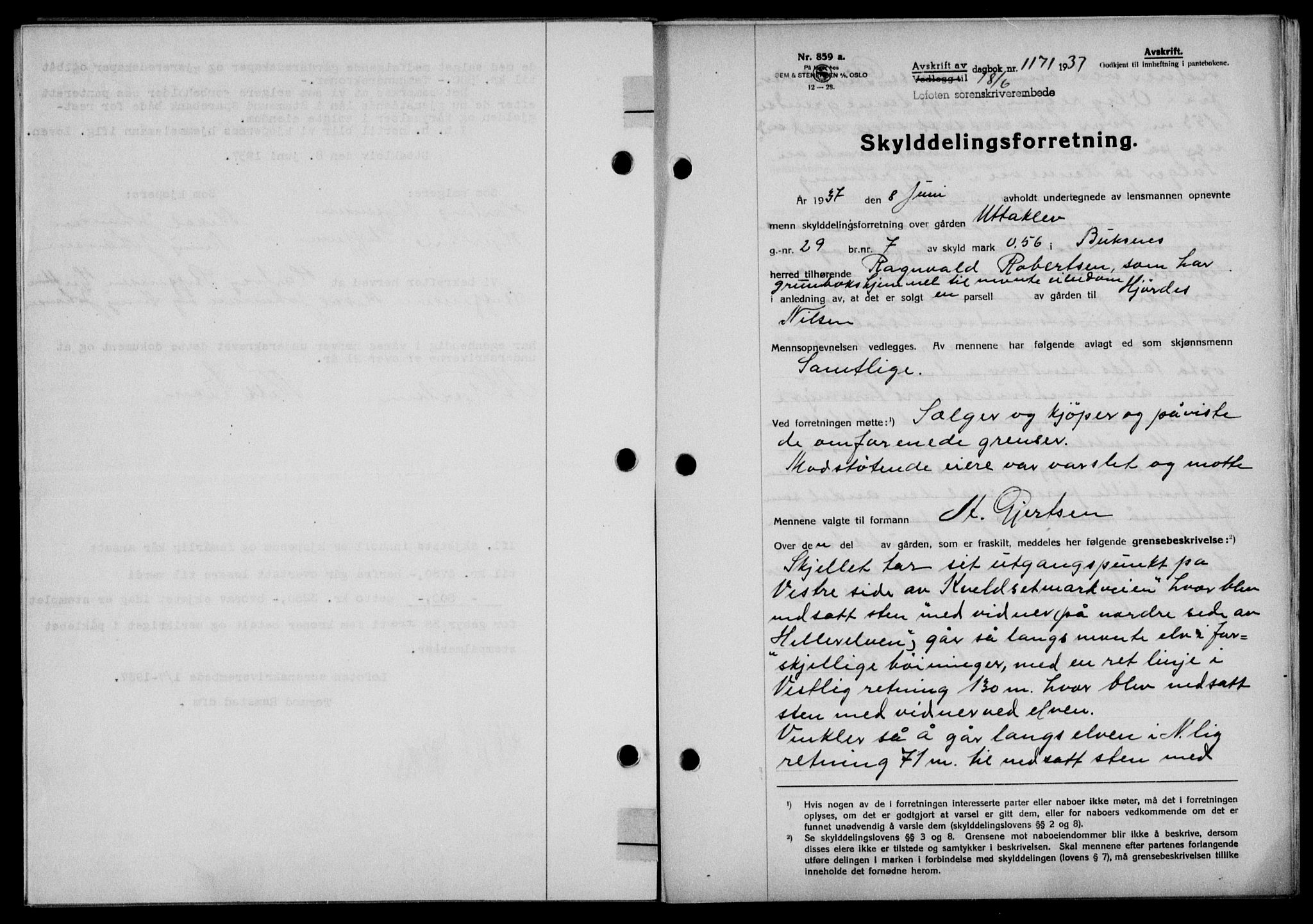 Lofoten sorenskriveri, SAT/A-0017/1/2/2C/L0002a: Mortgage book no. 2a, 1937-1937, Diary no: : 1171/1937