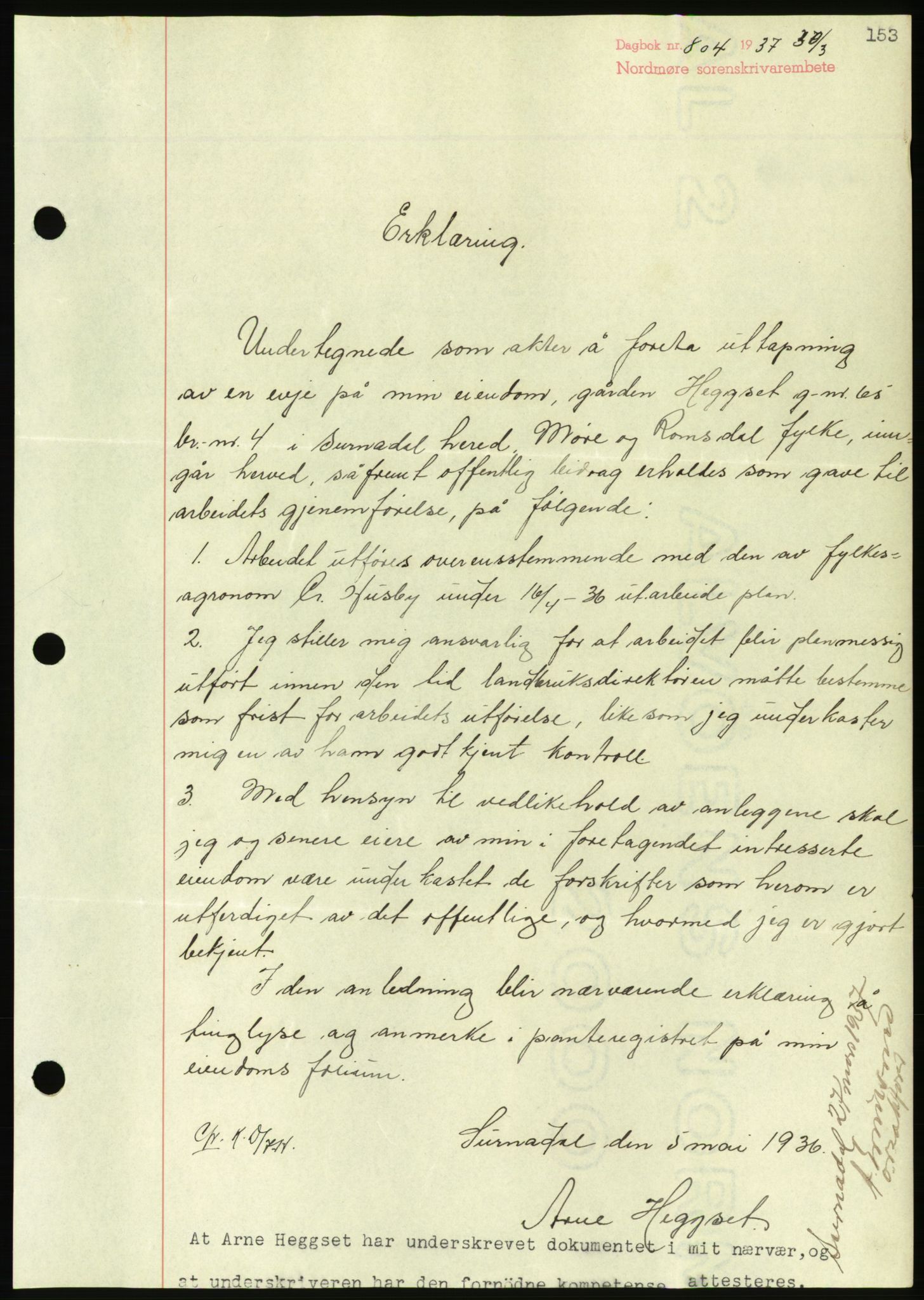 Nordmøre sorenskriveri, AV/SAT-A-4132/1/2/2Ca/L0091: Mortgage book no. B81, 1937-1937, Diary no: : 804/1937