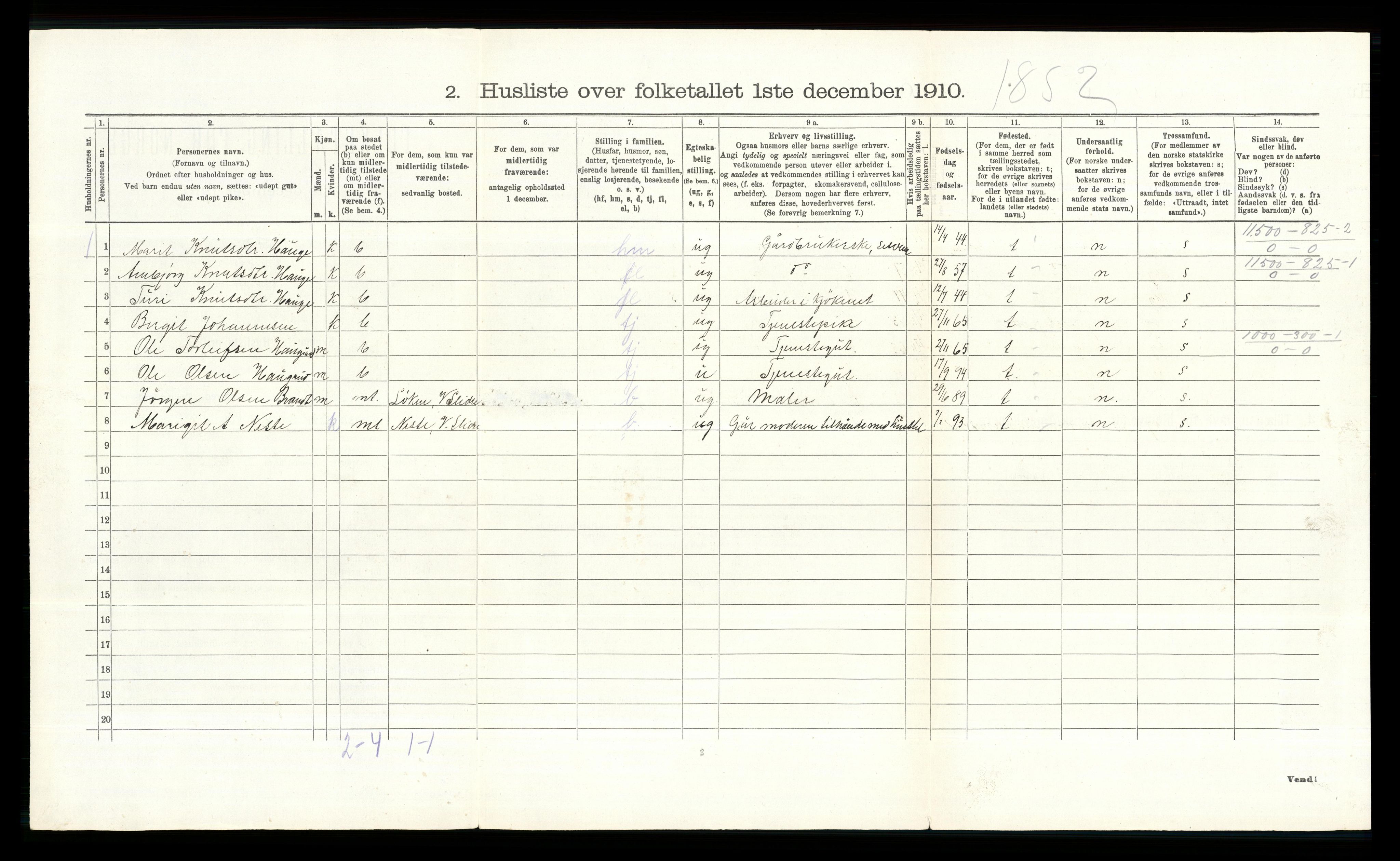 RA, 1910 census for Vestre Slidre, 1910, p. 352