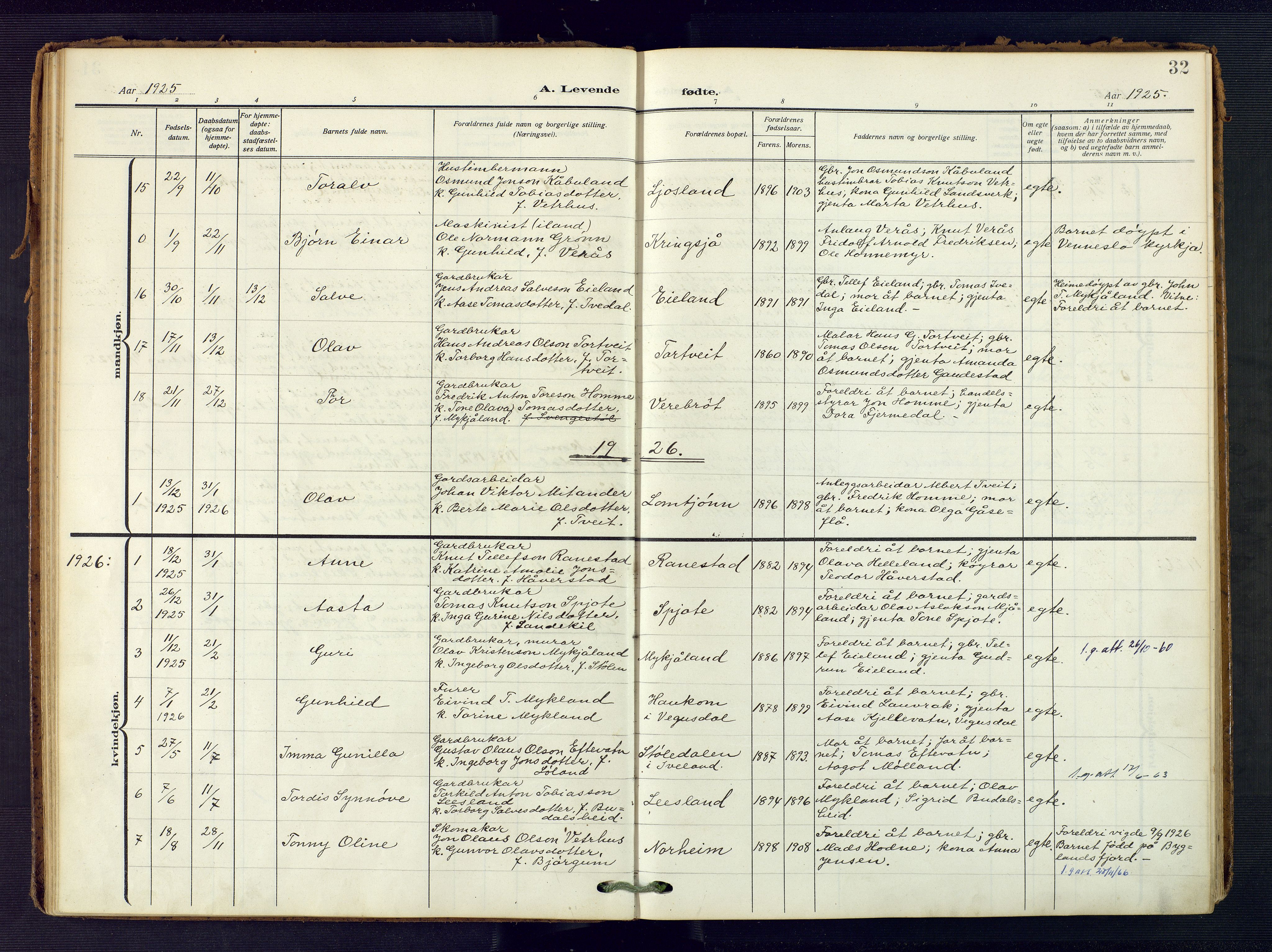 Evje sokneprestkontor, AV/SAK-1111-0008/F/Fa/Fac/L0004: Parish register (official) no. A 4, 1910-1932, p. 32