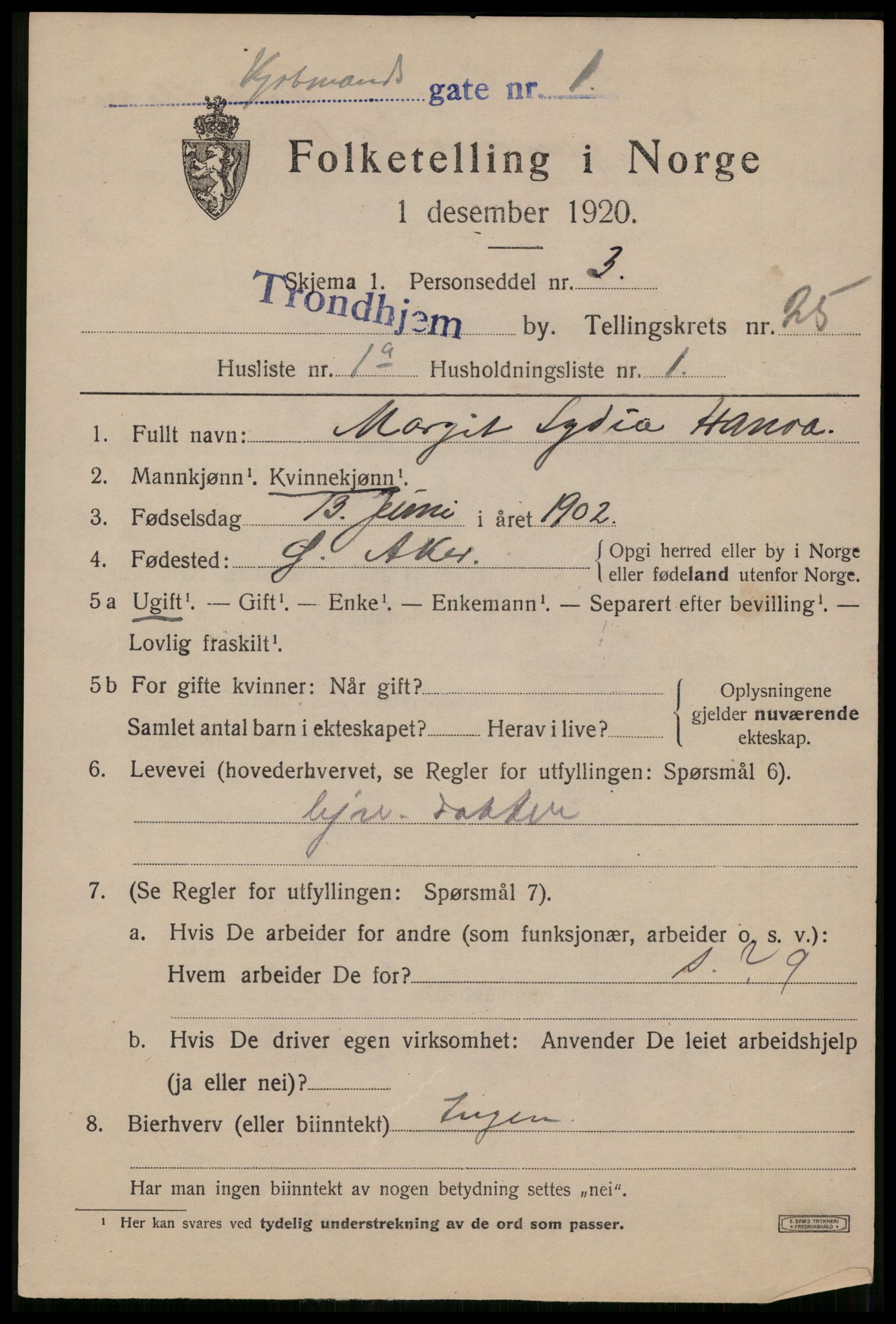 SAT, 1920 census for Trondheim, 1920, p. 67028