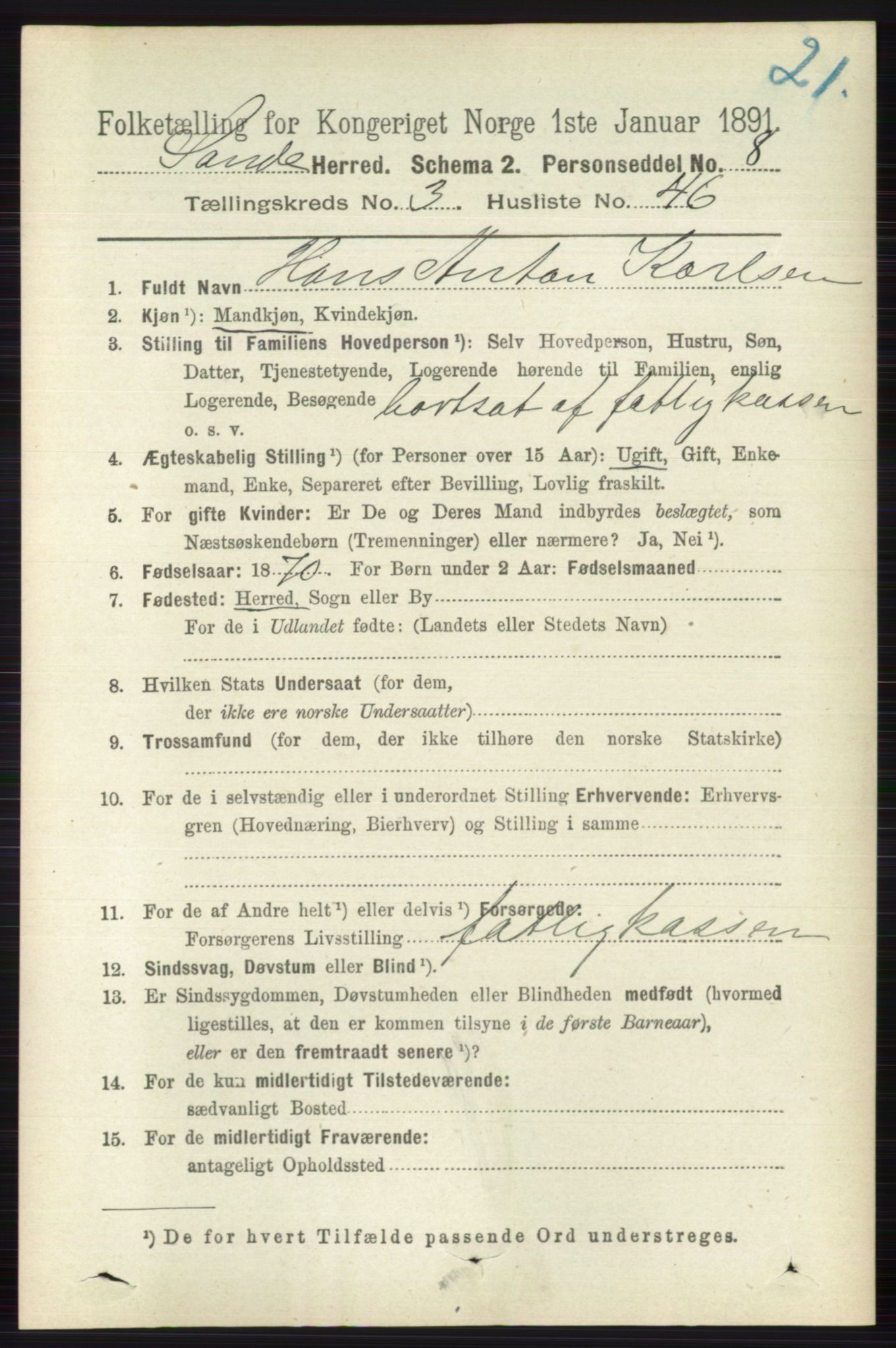 RA, 1891 census for 0713 Sande, 1891, p. 1214