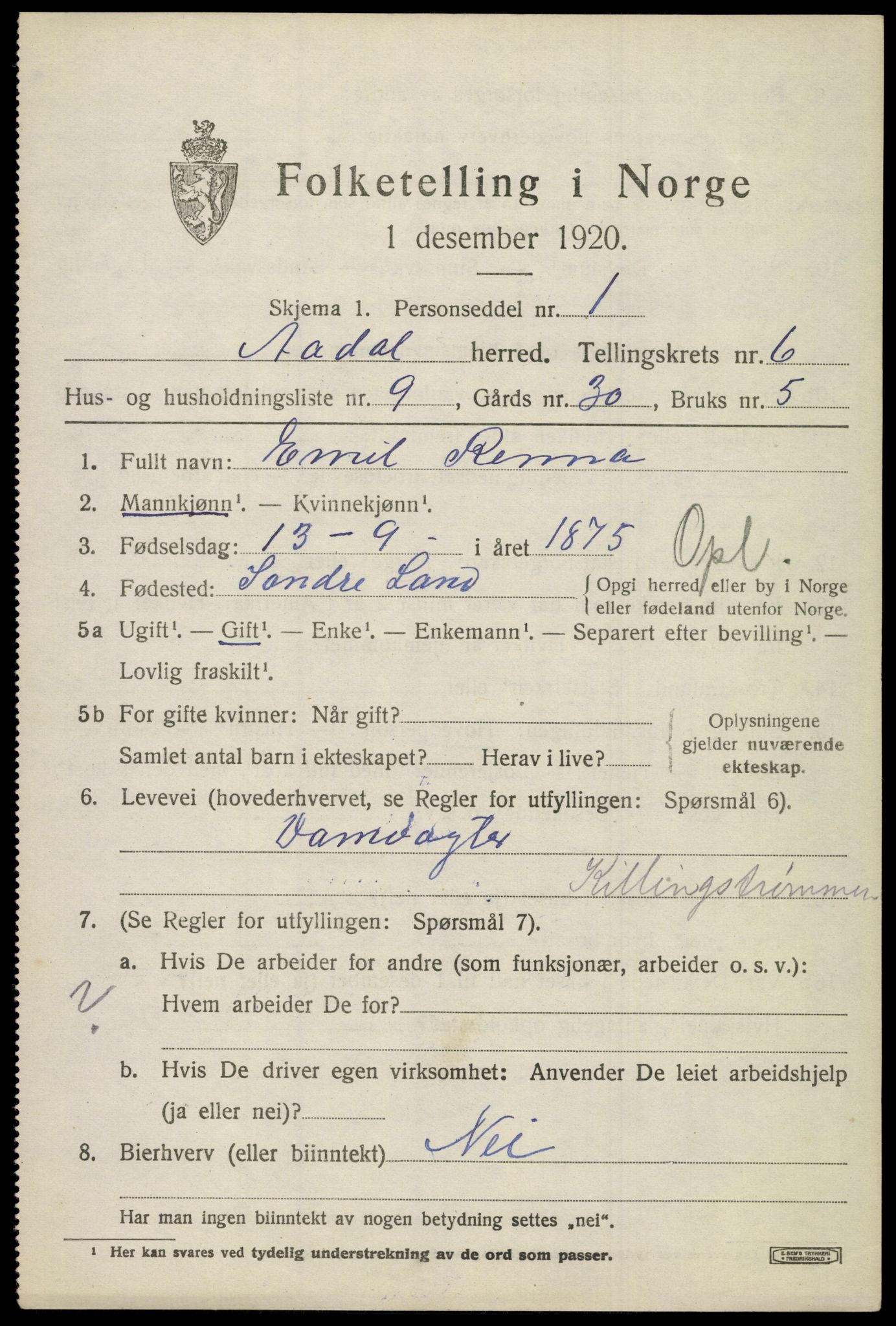 SAKO, 1920 census for Ådal, 1920, p. 4716