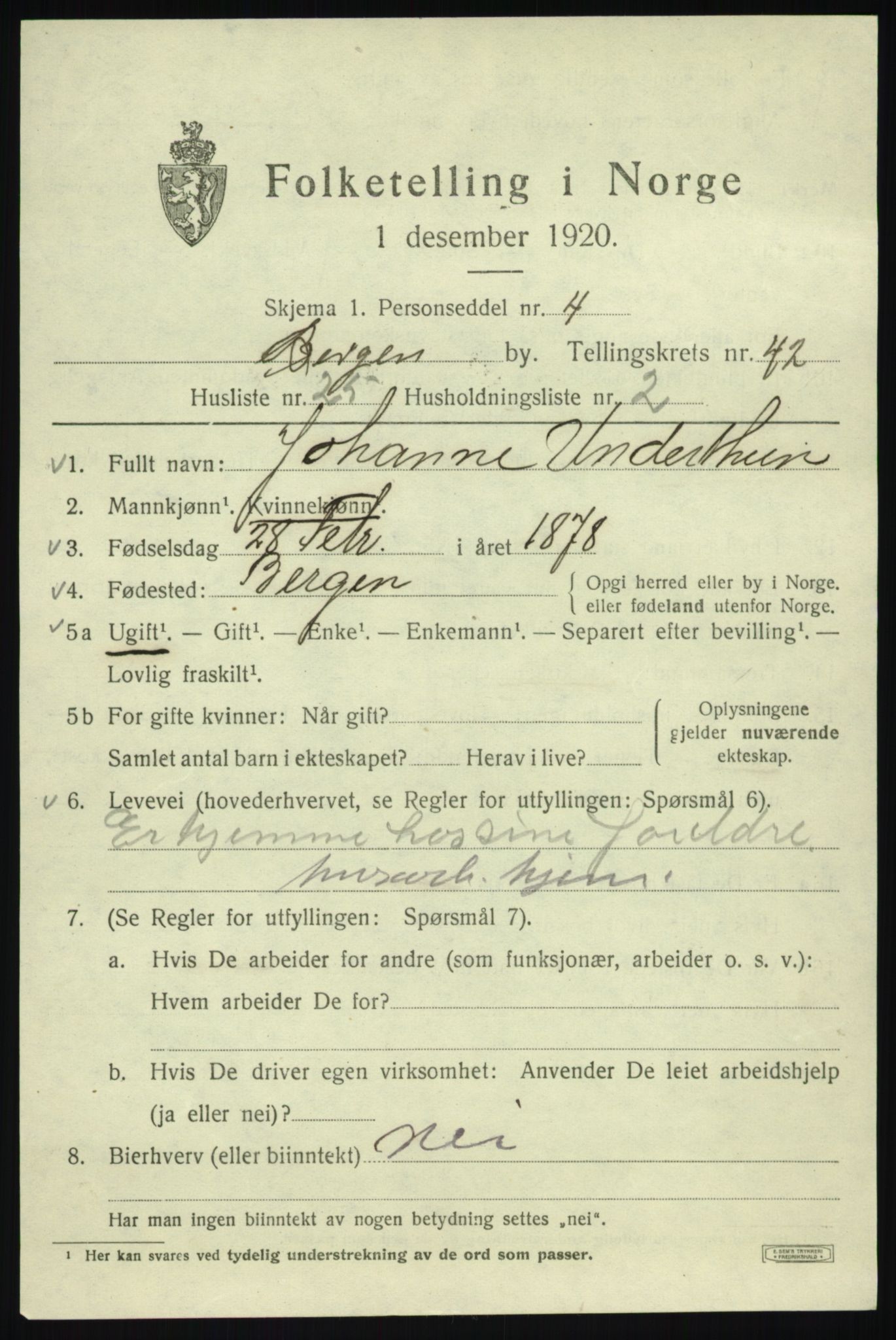 SAB, 1920 census for Bergen, 1920, p. 110397