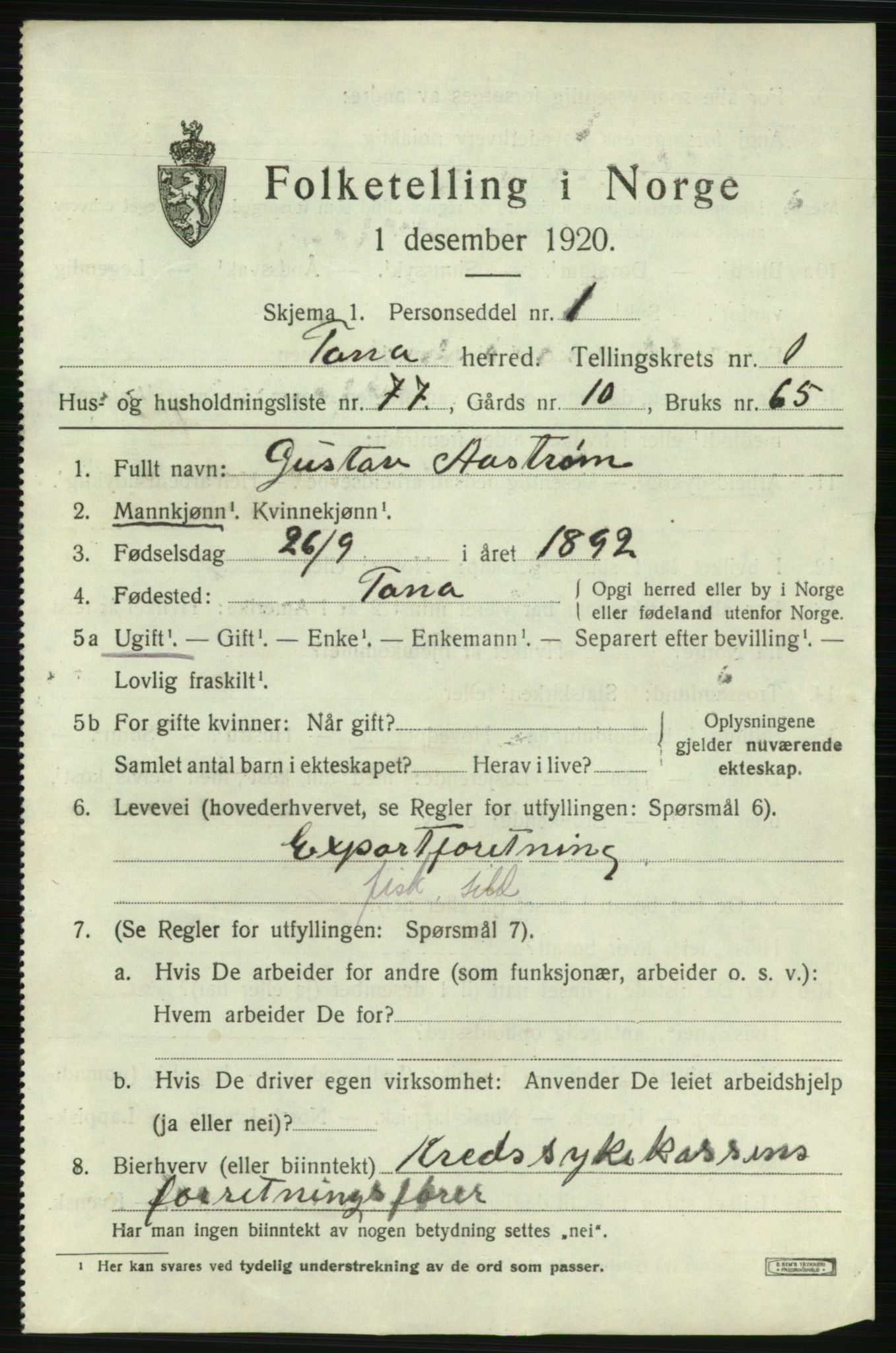 SATØ, 1920 census for Tana, 1920, p. 1434