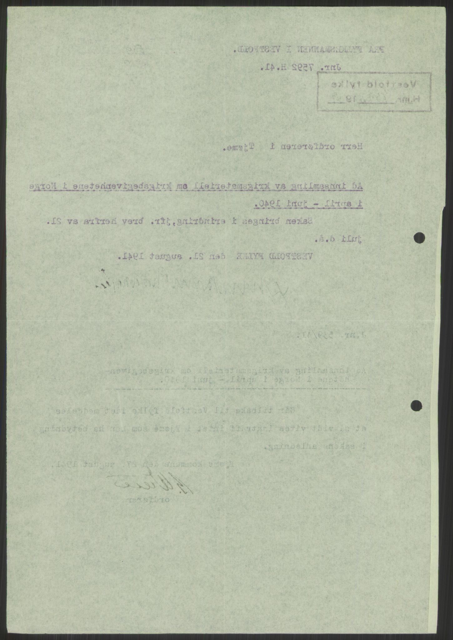 Forsvaret, Forsvarets krigshistoriske avdeling, AV/RA-RAFA-2017/Y/Ya/L0014: II-C-11-31 - Fylkesmenn.  Rapporter om krigsbegivenhetene 1940., 1940, p. 587