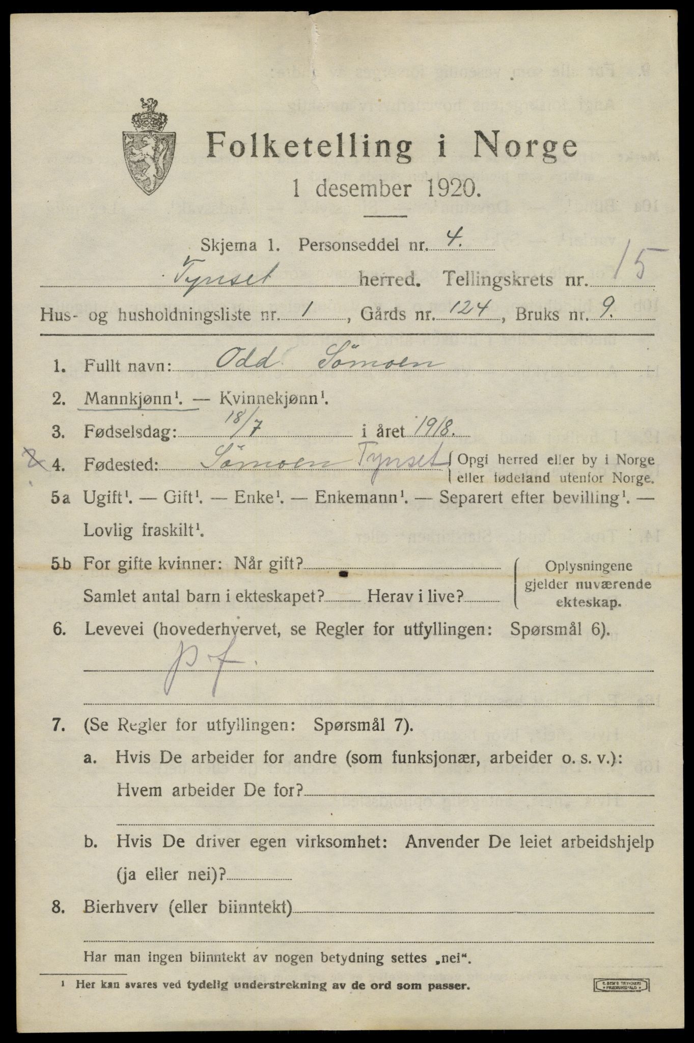 SAH, 1920 census for Tynset, 1920, p. 9232