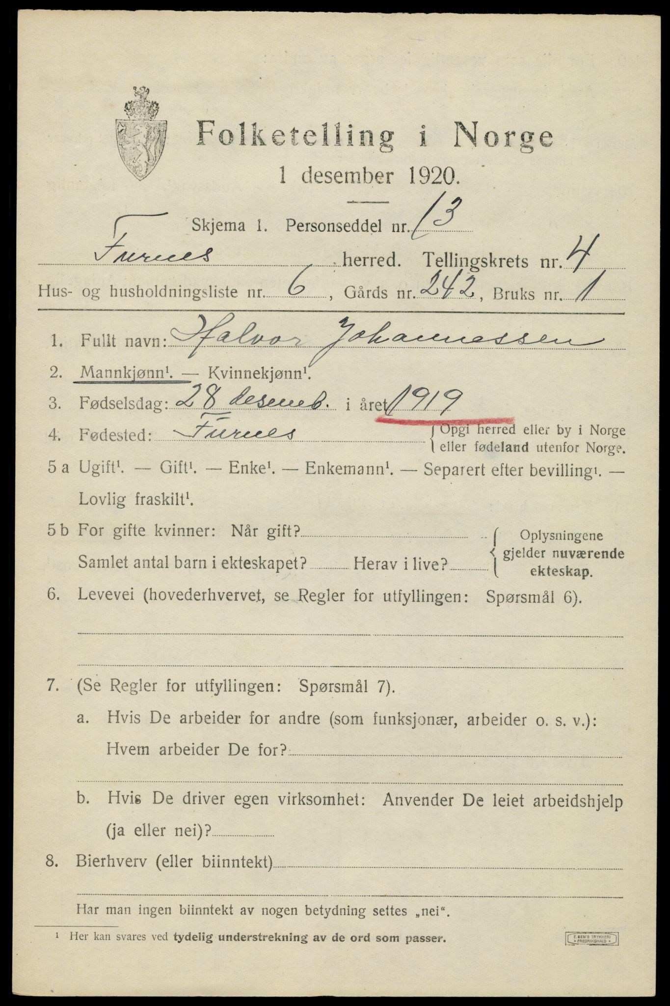 SAH, 1920 census for Furnes, 1920, p. 6077