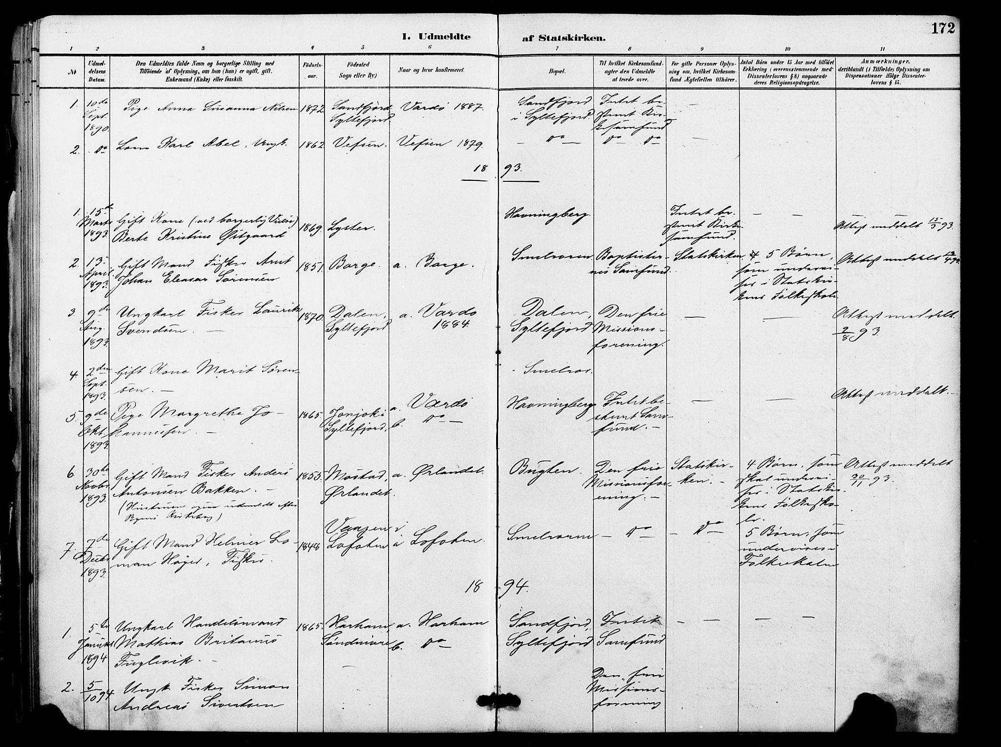 Vardø sokneprestkontor, SATØ/S-1332/H/Ha/L0009kirke: Parish register (official) no. 9, 1887-1898, p. 172
