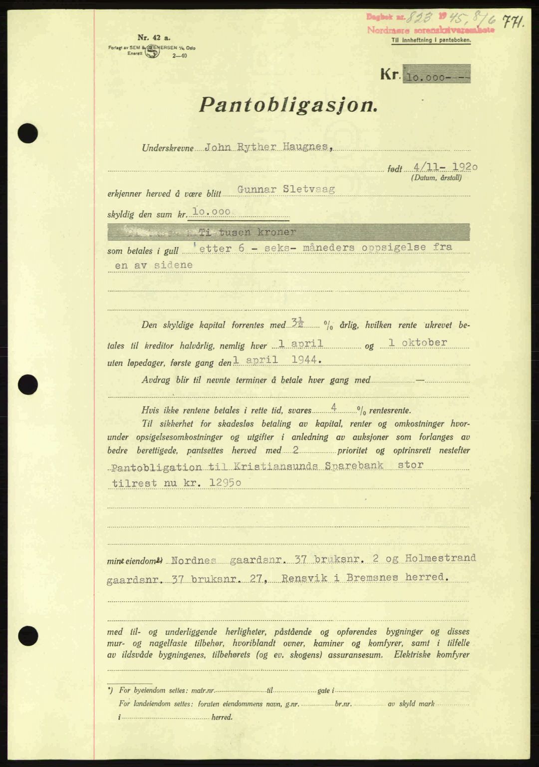 Nordmøre sorenskriveri, AV/SAT-A-4132/1/2/2Ca: Mortgage book no. B92, 1944-1945, Diary no: : 823/1945