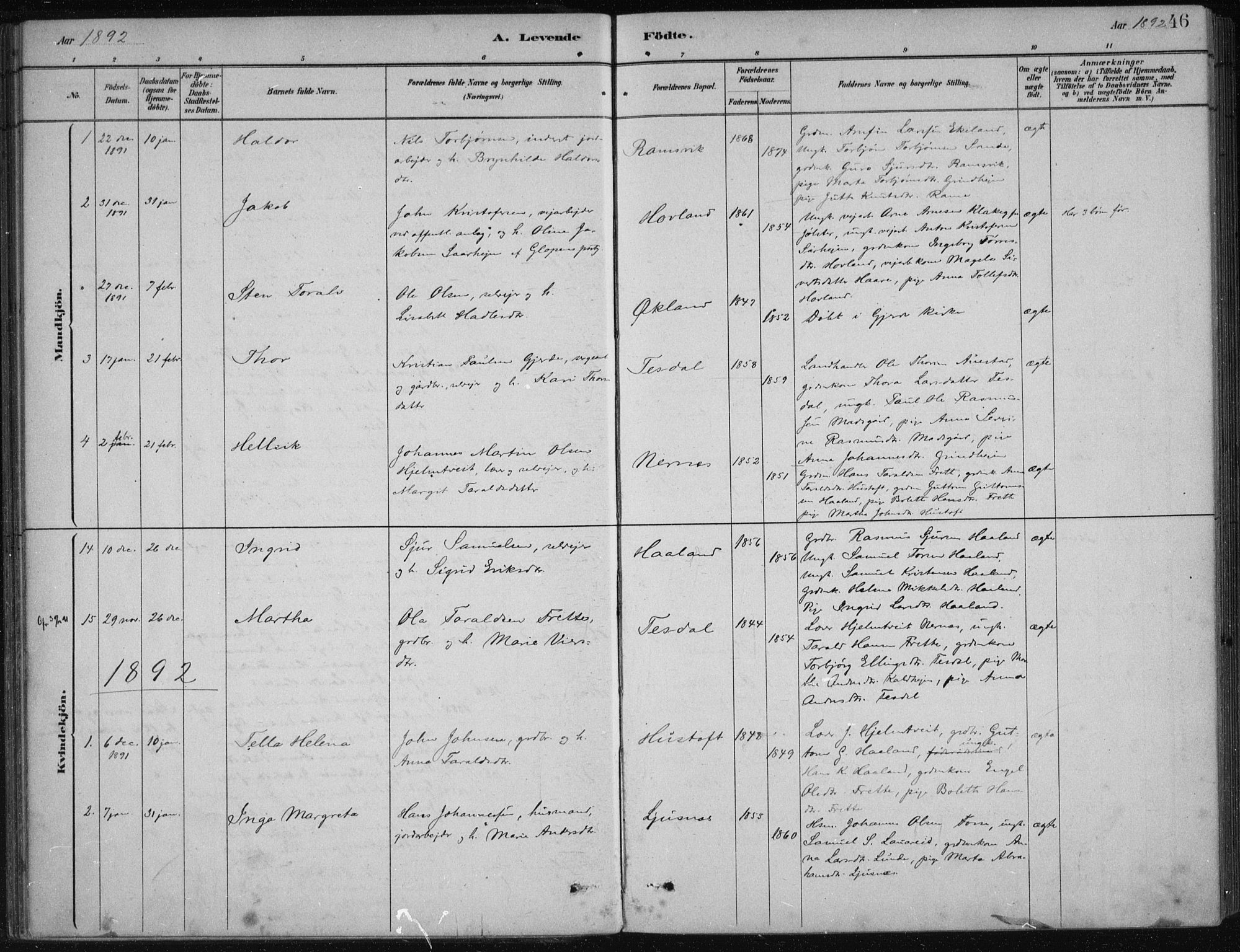 Etne sokneprestembete, SAB/A-75001/H/Haa: Parish register (official) no. D  1, 1879-1919, p. 46