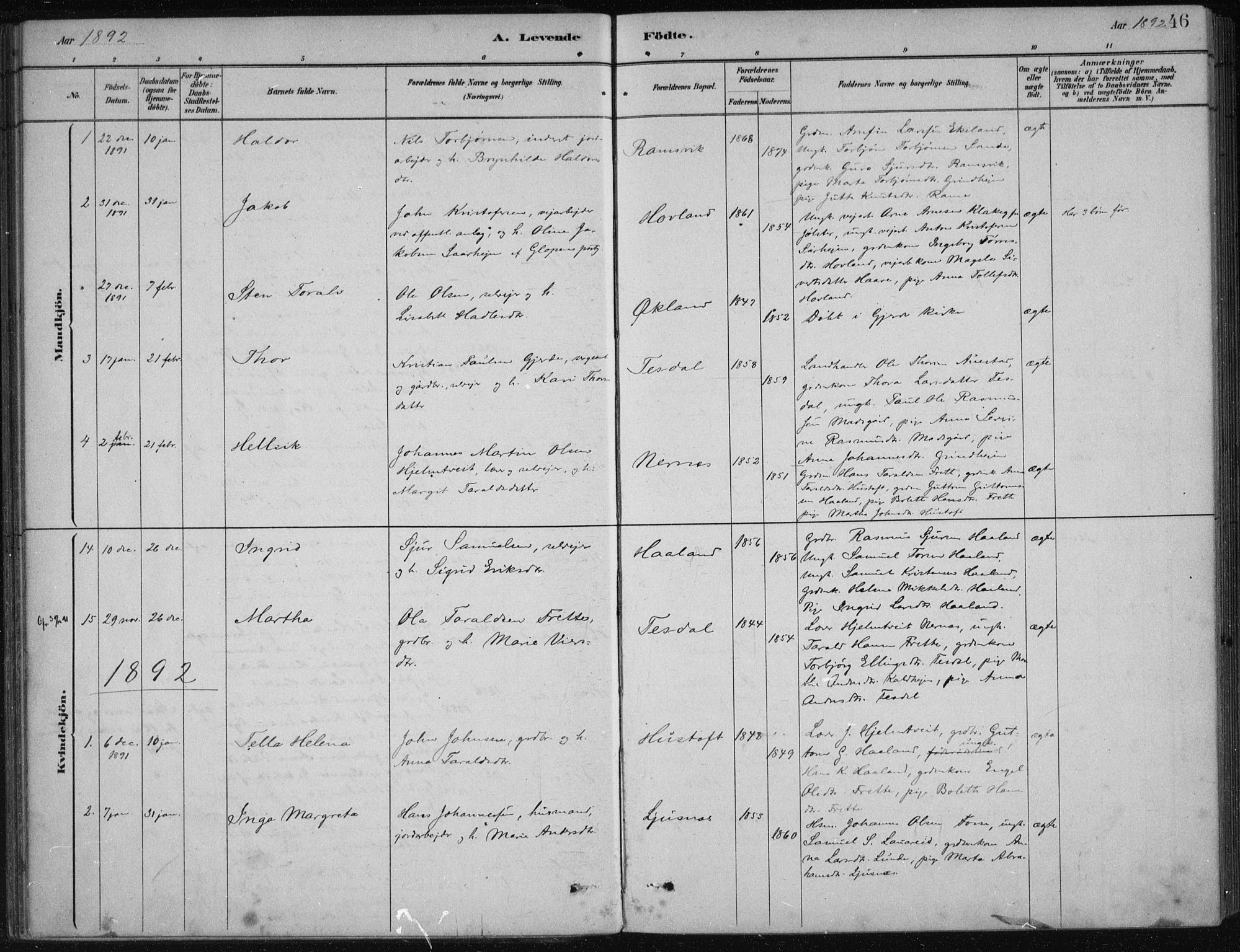 Etne sokneprestembete, AV/SAB-A-75001/H/Haa: Parish register (official) no. D  1, 1879-1919, p. 46