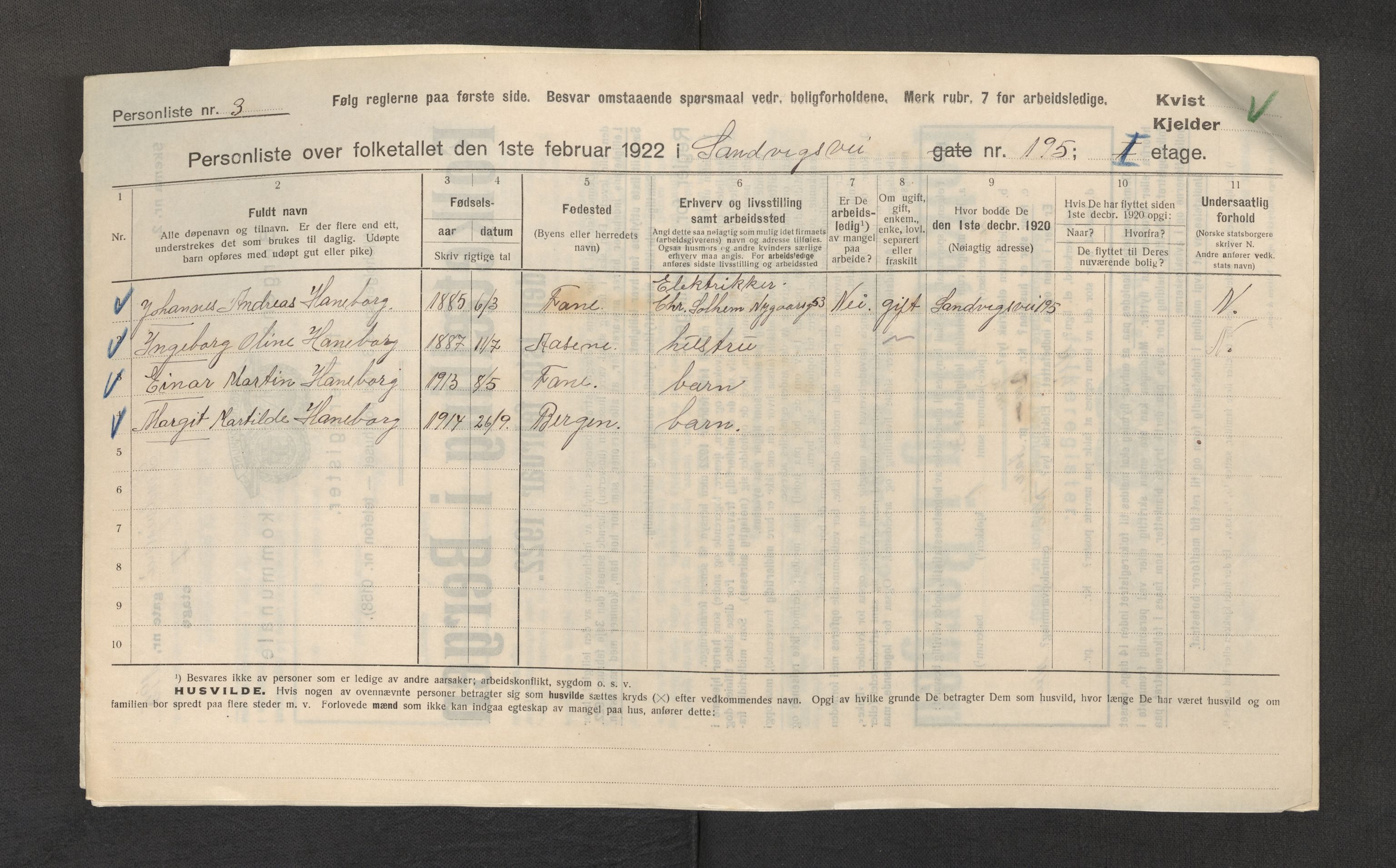 SAB, Municipal Census 1922 for Bergen, 1922, p. 34538