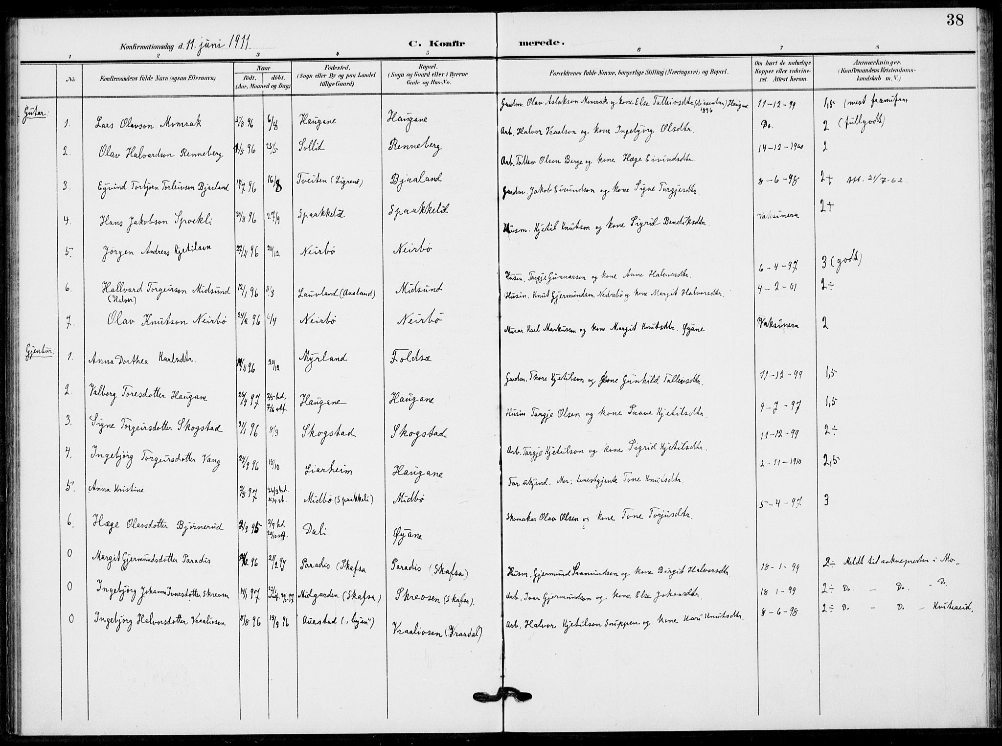 Fyresdal kirkebøker, SAKO/A-263/F/Fb/L0004: Parish register (official) no. II 4, 1903-1920, p. 38