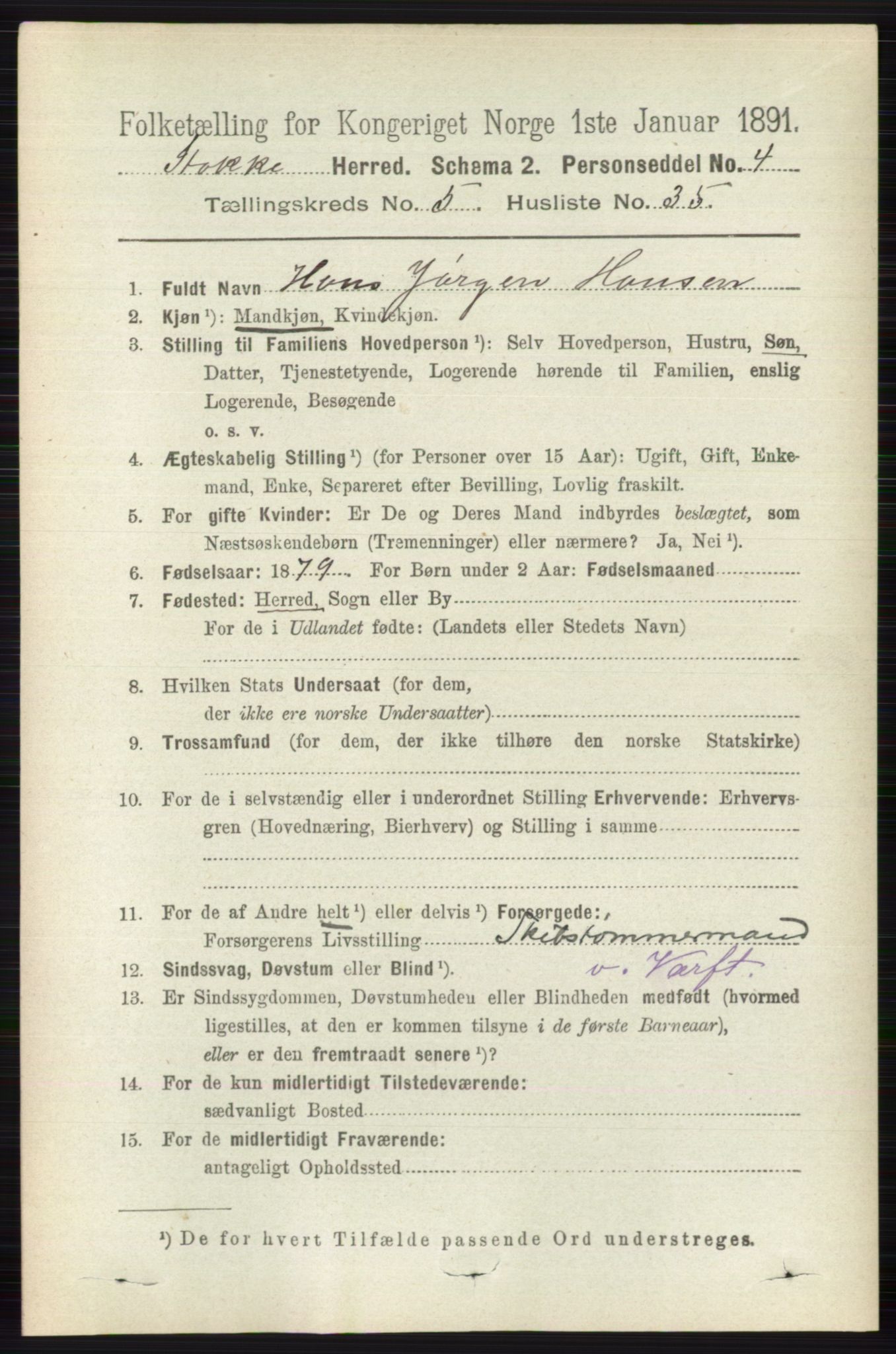 RA, 1891 census for 0720 Stokke, 1891, p. 3282