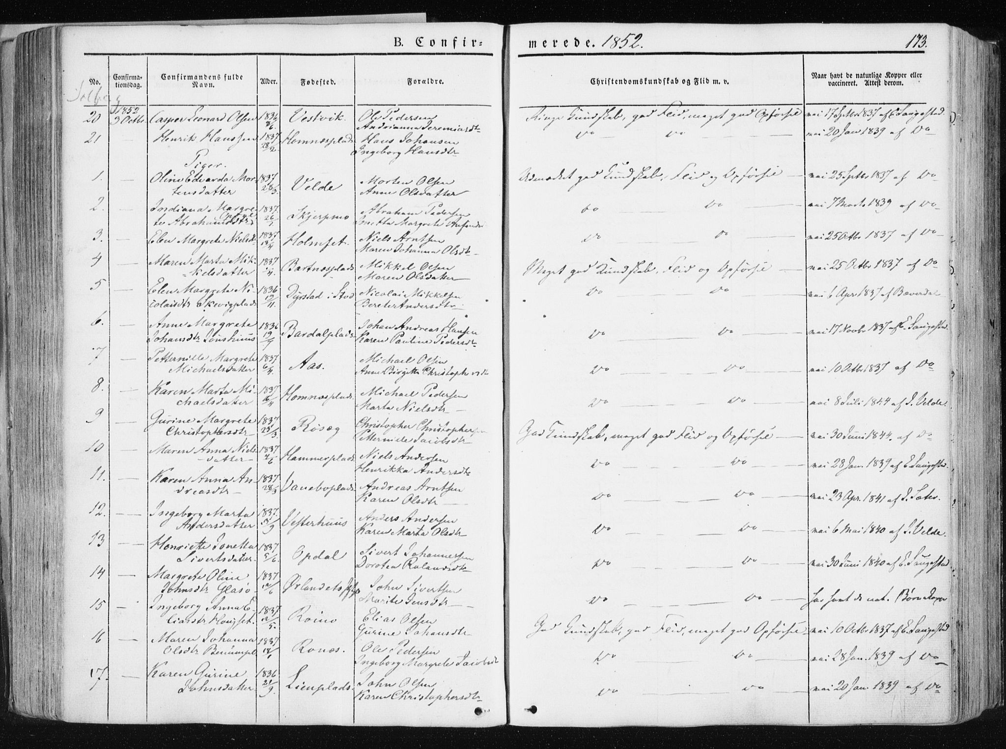 Ministerialprotokoller, klokkerbøker og fødselsregistre - Nord-Trøndelag, AV/SAT-A-1458/741/L0393: Parish register (official) no. 741A07, 1849-1863, p. 173