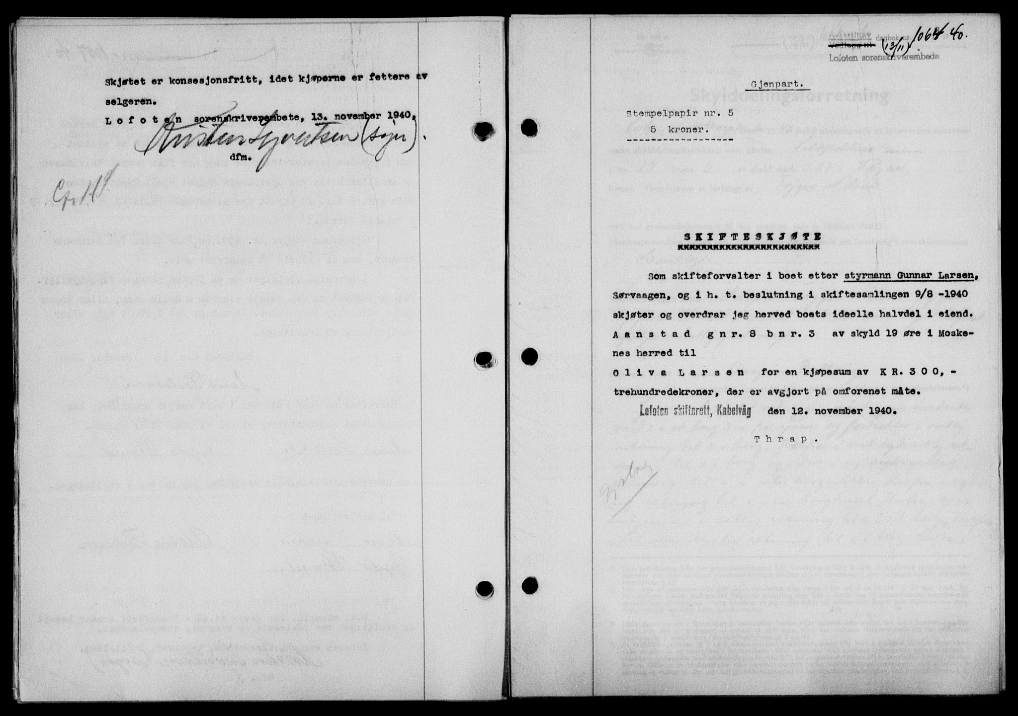 Lofoten sorenskriveri, SAT/A-0017/1/2/2C/L0008a: Mortgage book no. 8a, 1940-1941, Diary no: : 1064/1940