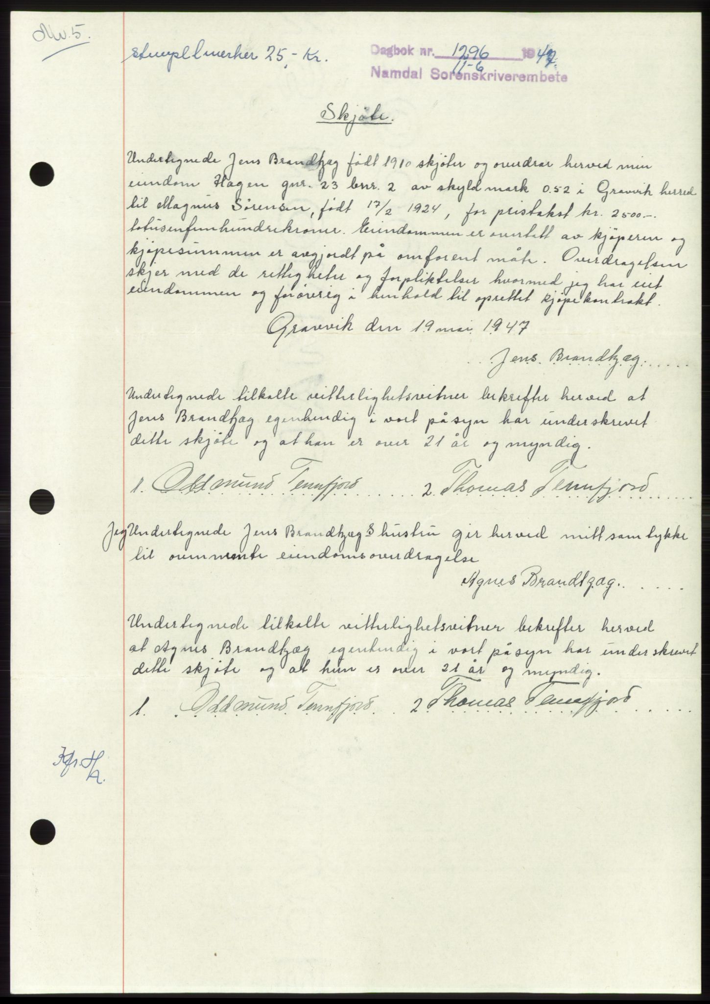 Namdal sorenskriveri, AV/SAT-A-4133/1/2/2C: Mortgage book no. -, 1947-1947, Diary no: : 1296/1947