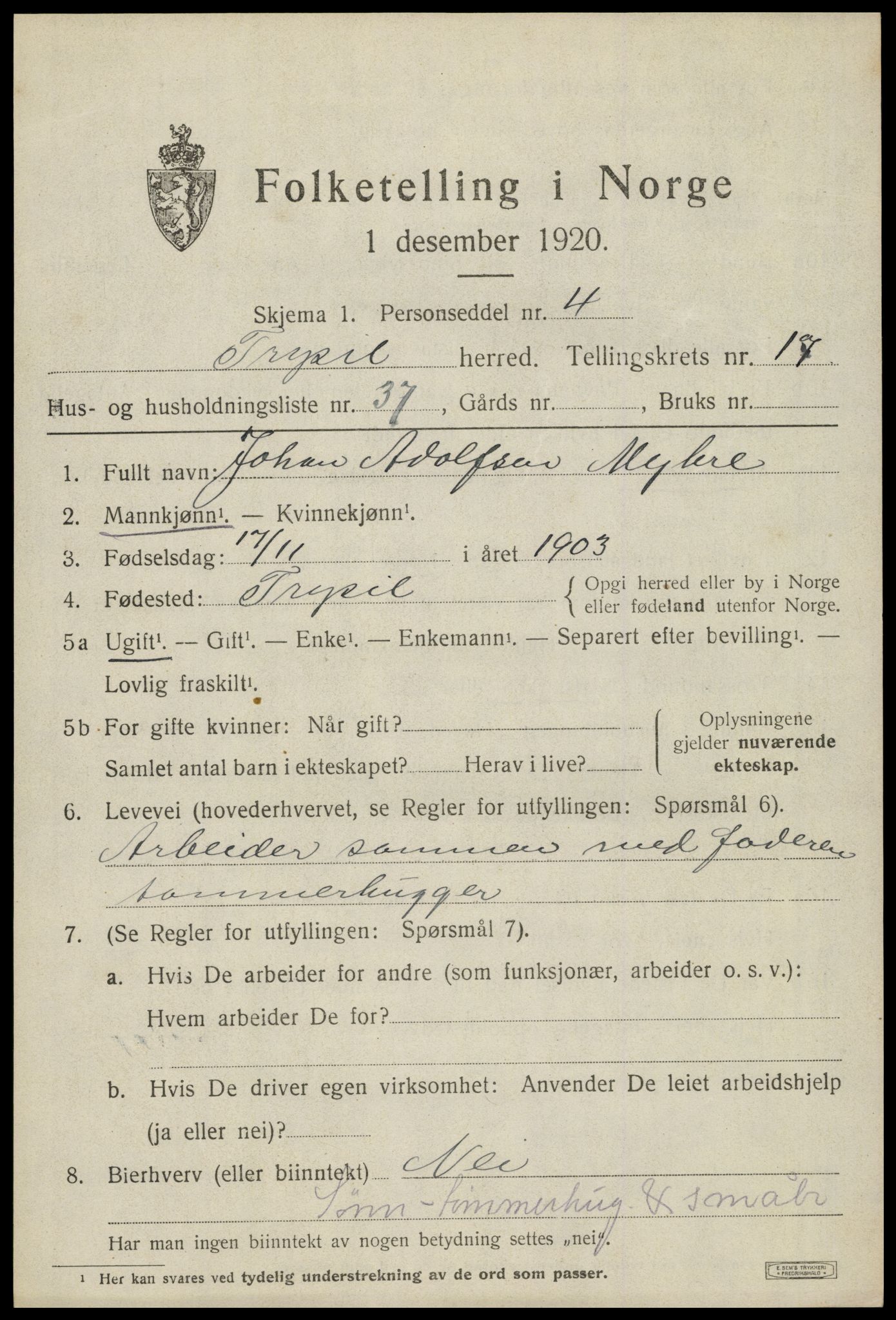 SAH, 1920 census for Trysil, 1920, p. 10629