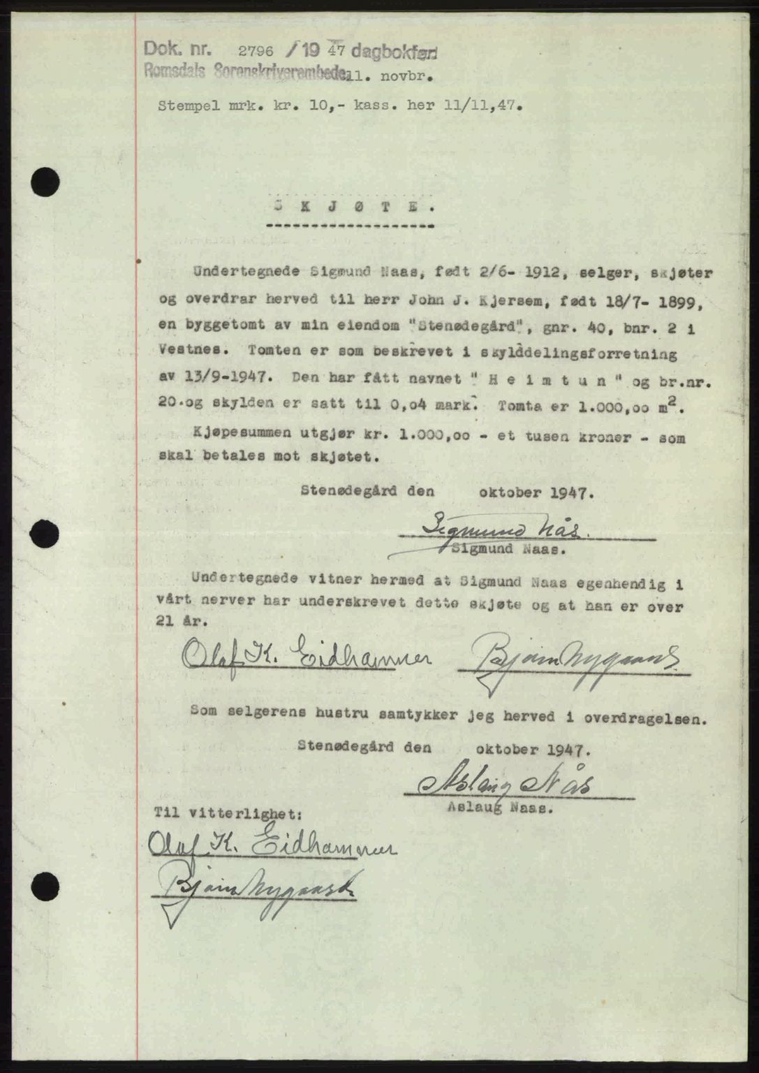 Romsdal sorenskriveri, SAT/A-4149/1/2/2C: Mortgage book no. A24, 1947-1947, Diary no: : 2796/1947