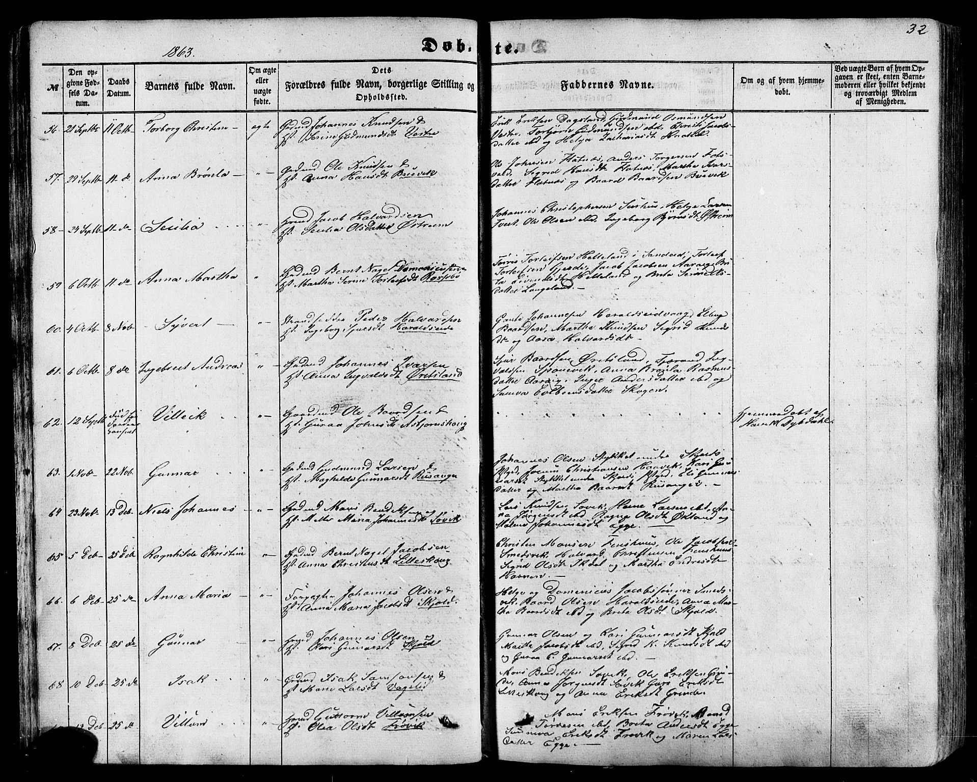 Skjold sokneprestkontor, AV/SAST-A-101847/H/Ha/Haa/L0008: Parish register (official) no. A 8, 1856-1882, p. 32