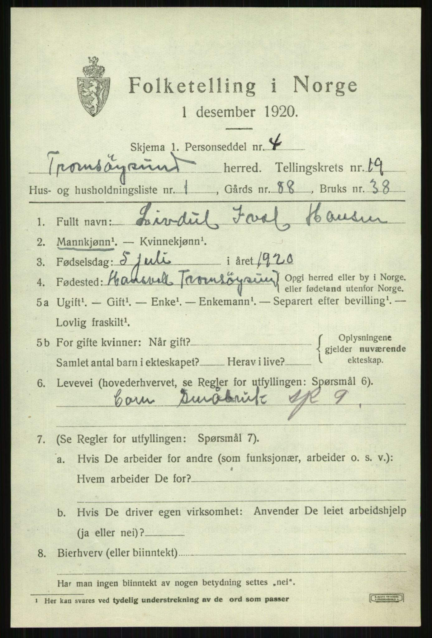 SATØ, 1920 census for Tromsøysund, 1920, p. 10210